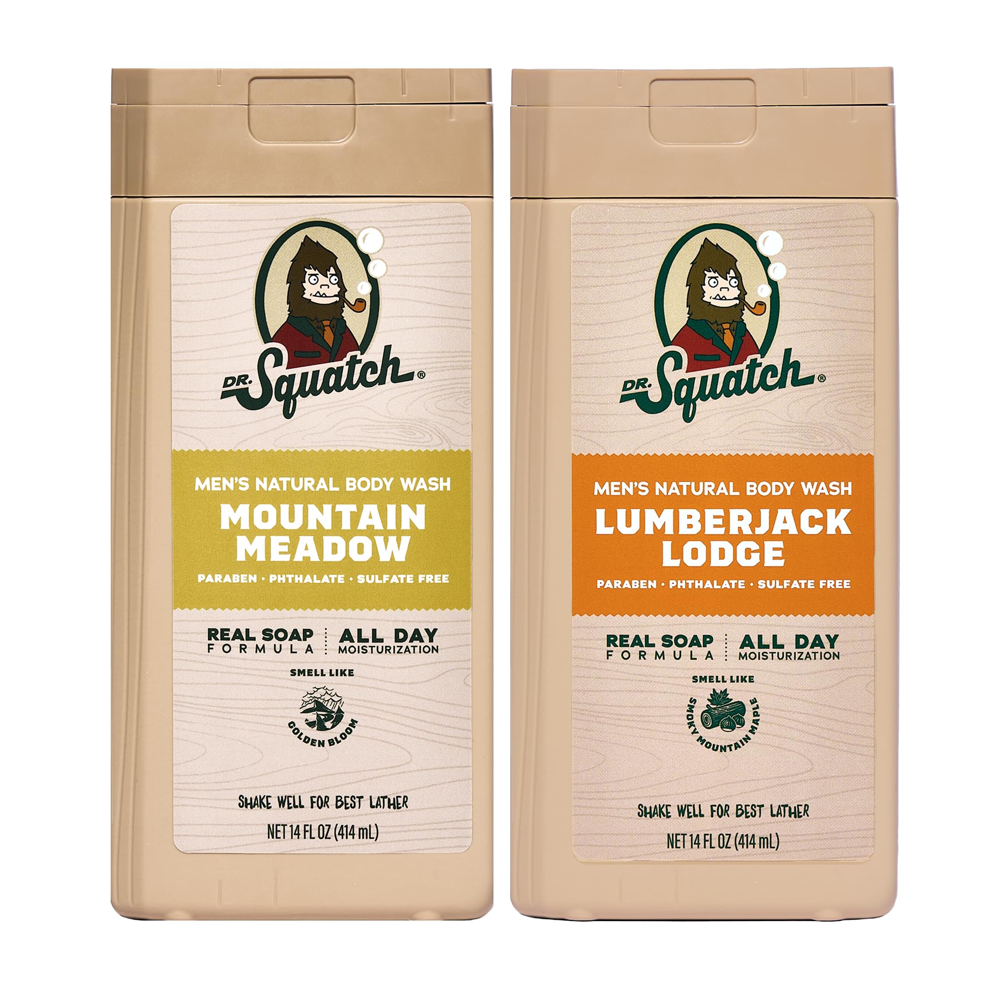 Dr. Squatch Natural Men's Body Wash Shower Gel - Cleansing, Nourishing, Long Lasting Scent, Moisturizing Body Wash for Men - Coconut Castaway + Wood Barrel Bourbon (14 oz, 2-Pack)