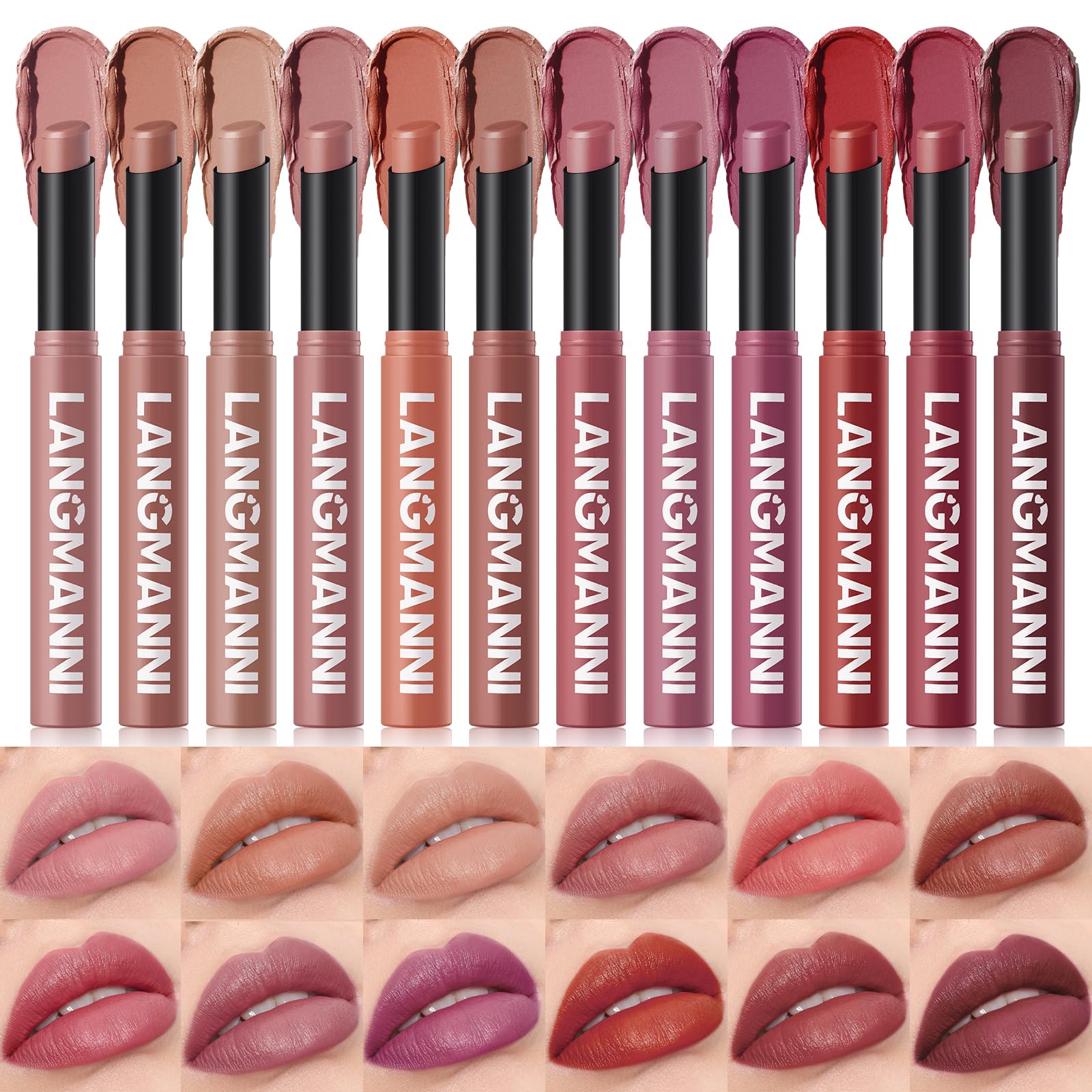 12Pcs Velvet Matte Lipstick Nude Matte Soft Dark Color Stick High Pigmented Long-Lasting Waterproof Lip Stick Lip Balm Beauty Cosmetics Gift for Women(01#-12#)