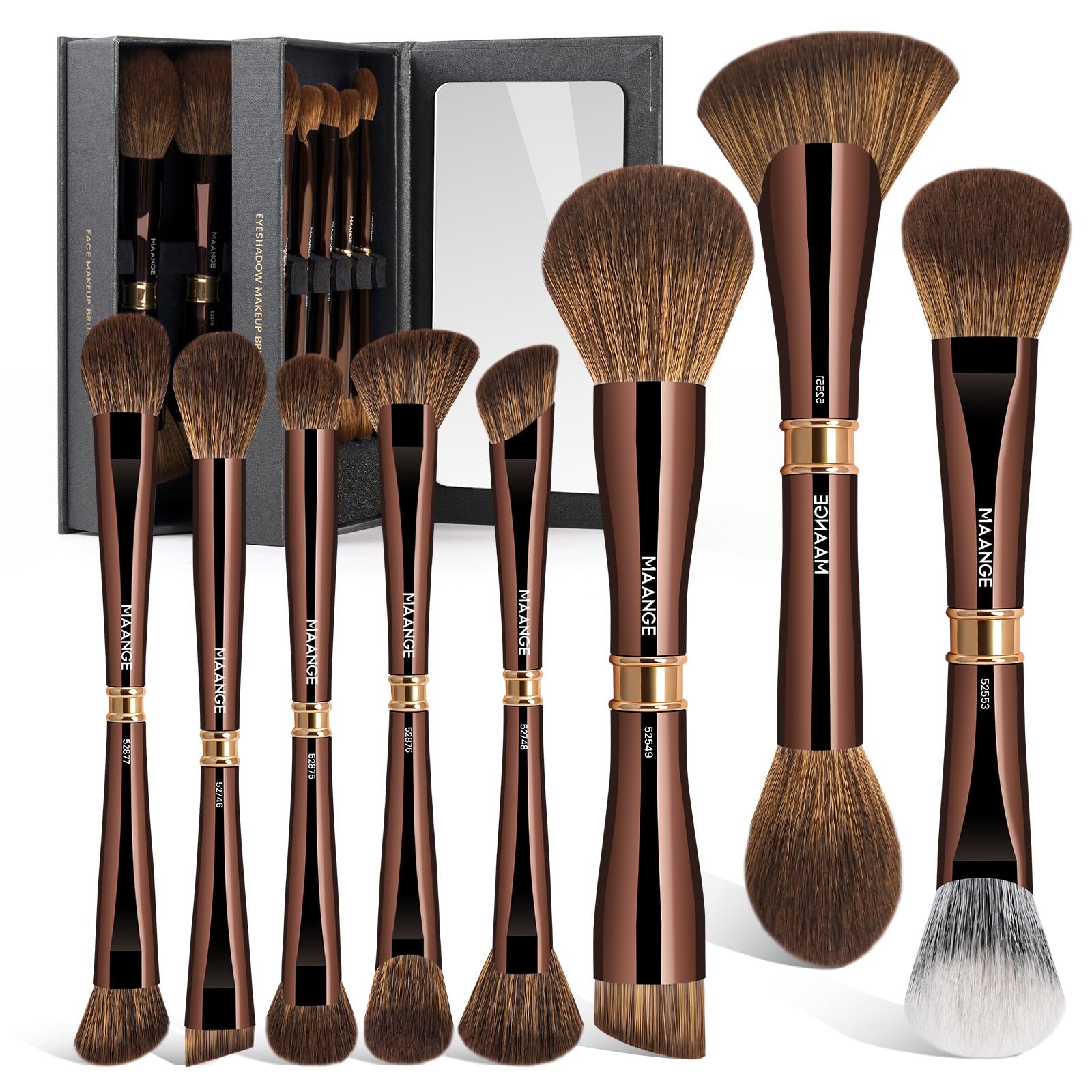 MAANGE Luxury 8-Piece Makeup Brush Set - Dual-Ended Makeup Brushes with 16-in-1 Functions & Mirror Case Professional Foundation, Eyeshadow, and Blush Brushes for Full Face Makeup Halalzen