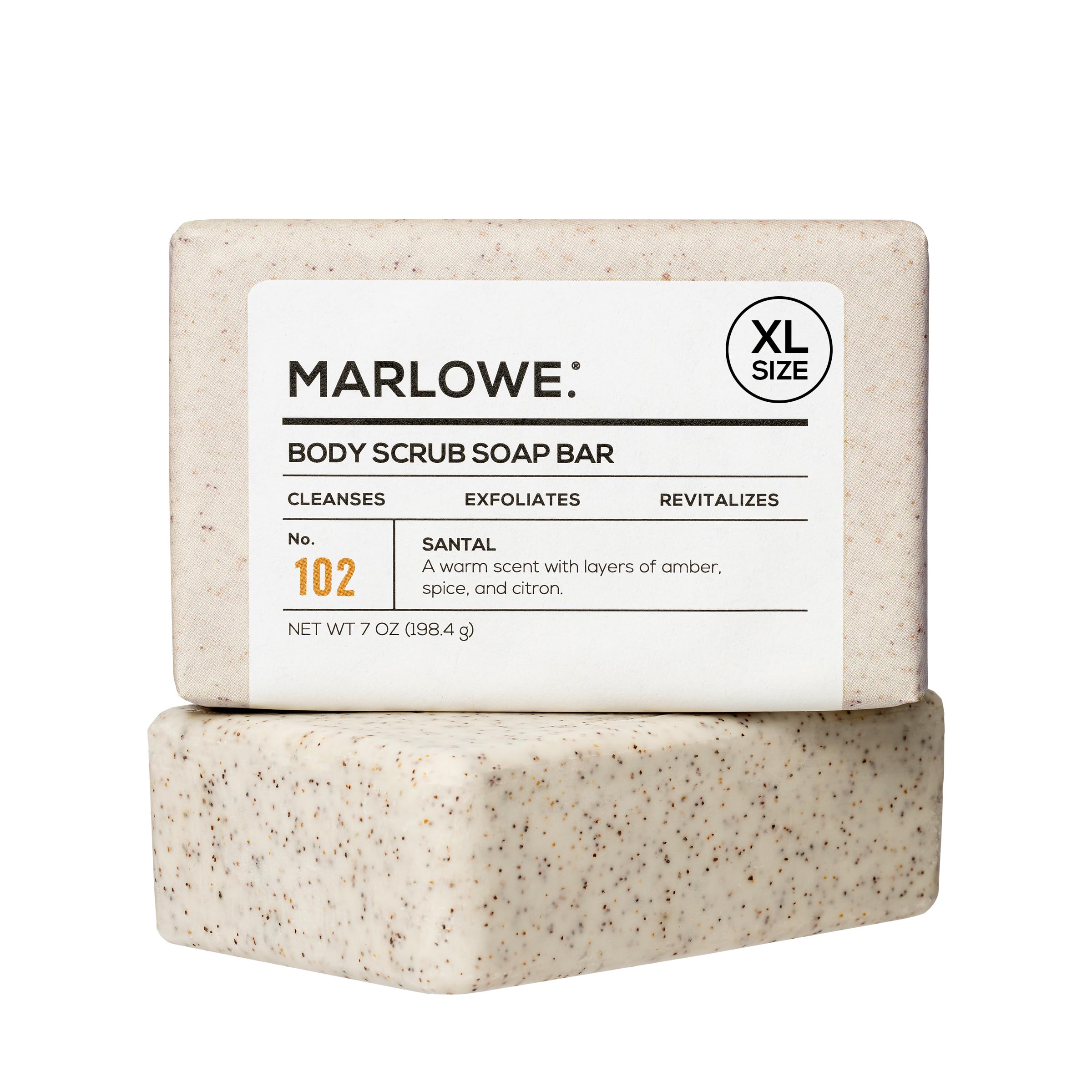 MARLOWE. No. 102 Body Scrub Soap 7 oz, Cedarwood & Sea Salt, Exfoliating Soap Bar with Shea Butter, Olive Oil & Green Tea Extracts, Cleanses, Smooths & Revitalizes Skin, Fresh & Zesty Scent