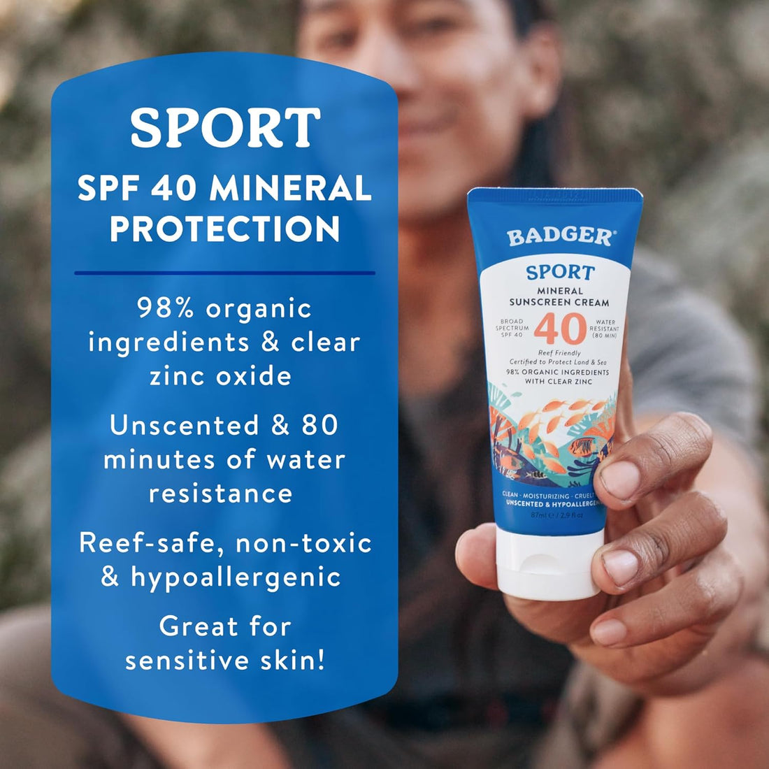 Badger Company, Clear Zinc Sunscreen Cream, SPF40, Unscented, 2.9 fl oz (87 ml)