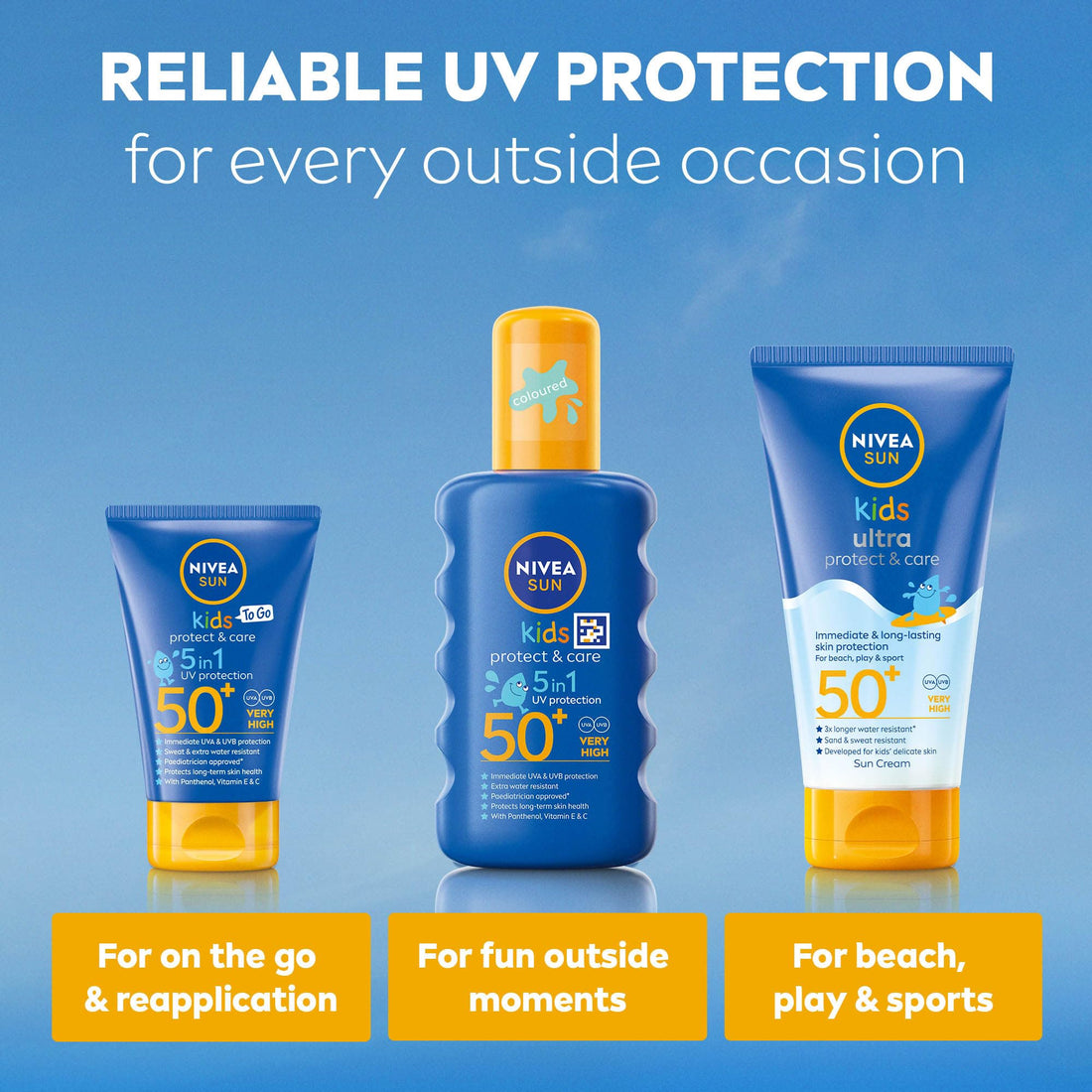 NIVEA Sun Kids Protect & Care To Go SPF 50+ Lotion (50ml), Moisturising Kids Sun Cream Immediately Protects Delicate Skin Against Sunburn and Long-Term UV Damage, Fast-Absorbing No White Cast Formula