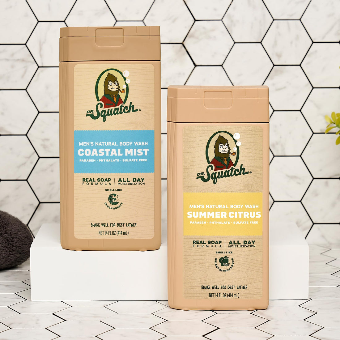 Dr. Squatch Natural Men's Body Wash Shower Gel - Cleansing, Nourishing, Long Lasting Scent, Moisturizing Body Wash for Men - Coconut Castaway + Wood Barrel Bourbon (14 oz, 2-Pack)