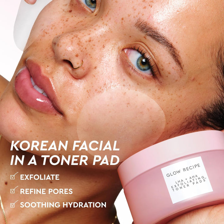 Glow Recipe LHA + AHA Toner Pads - Korean Exfoliating Toner for Face - Pore Minimizer - Hydrating Toner Pads - 5 Gentle Acids, Watermelon Enzymes, Hydrating Botanicals (60 Face Pads)