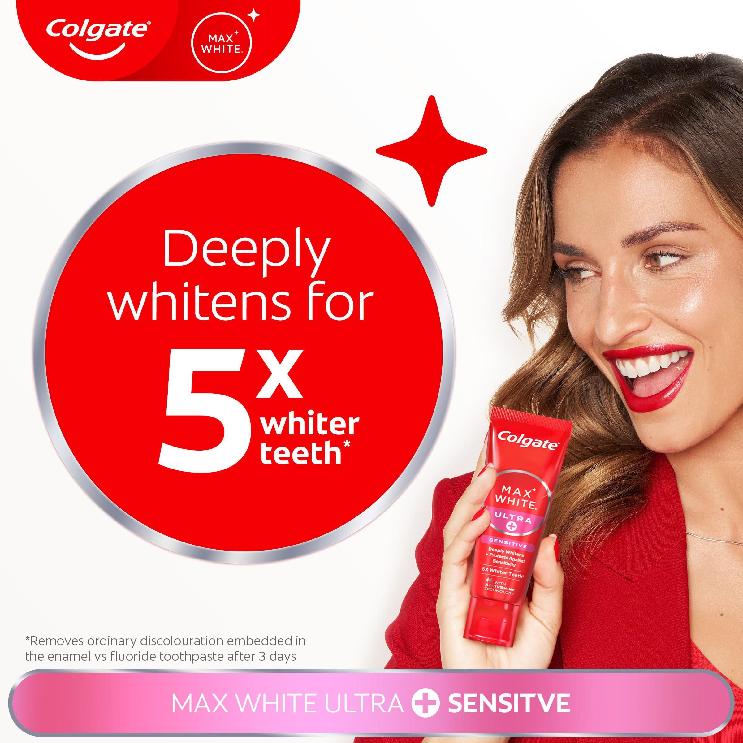 Colgate Max White Ultra+ Enamel Toothpaste 75ml, Whitens Deep Stains for 5X Whiter Teeth, ActiveShine Technology Smoothes Enamel Surface to Reflect Light, Protects and Remineralises Enamel