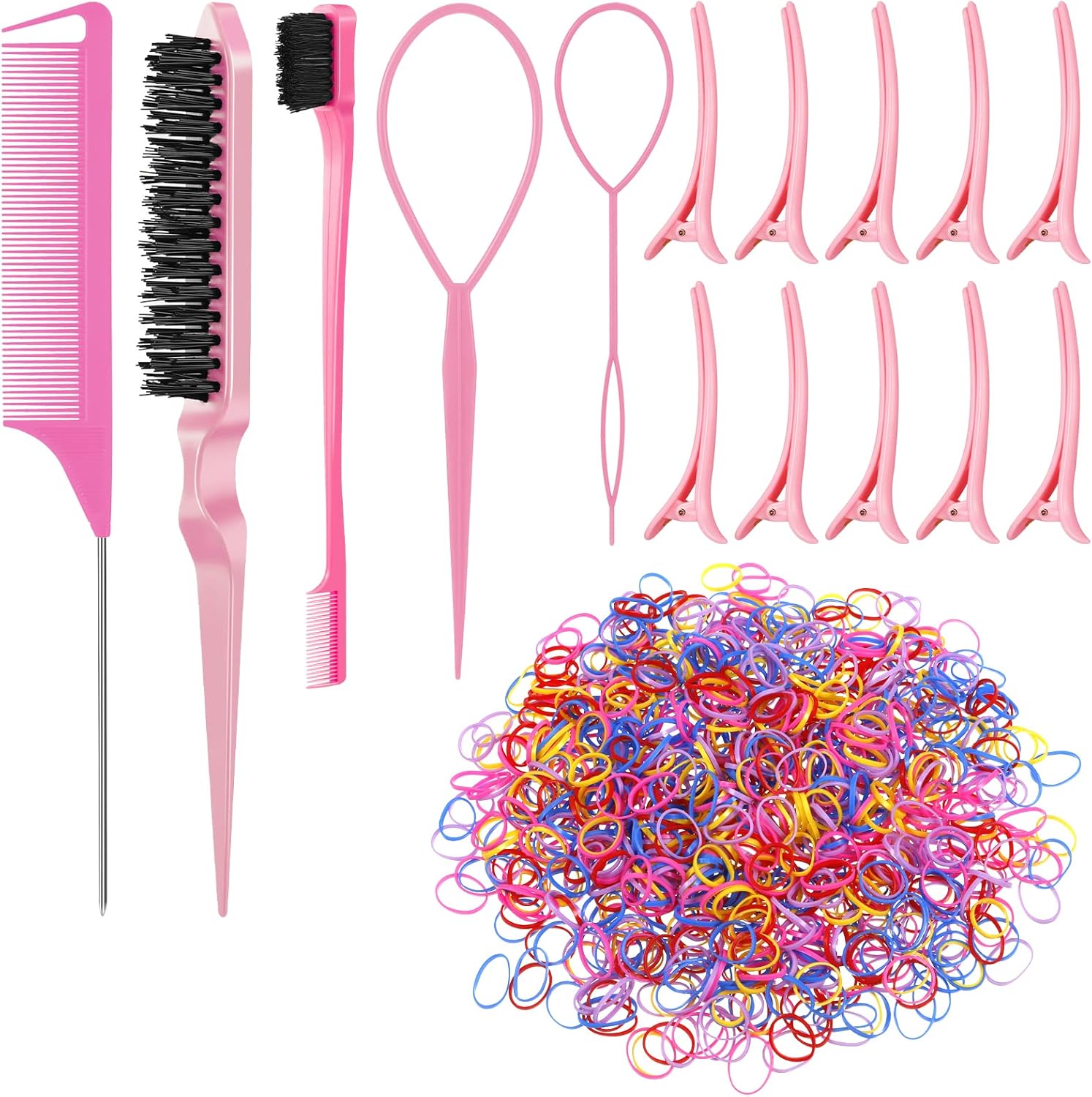 SOSPIRO 1000pcs Elastic Hair Bands with 10pcs Clips, 3pcs Brush, 2pcs Topsy Tail Tool, Colorful Rubber Ties & Braiding Accessories for Kids & Women's Hair Styling Halalzen