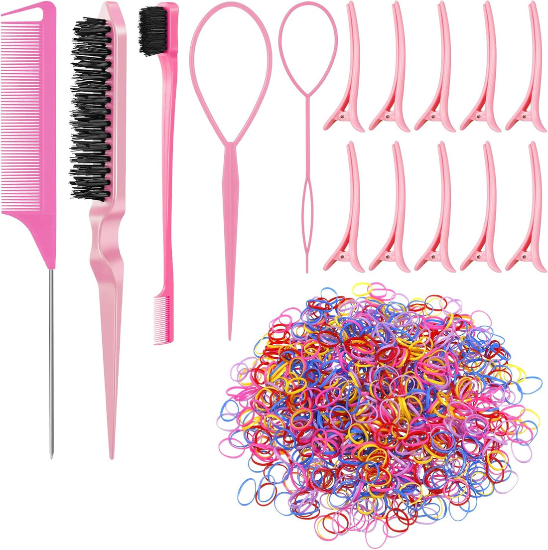 SOSPIRO 1000pcs Elastic Hair Bands with 10pcs Clips, 3pcs Brush, 2pcs Topsy Tail Tool, Colorful Rubber Ties & Braiding Accessories for Kids & Women's Hair Styling Halalzen