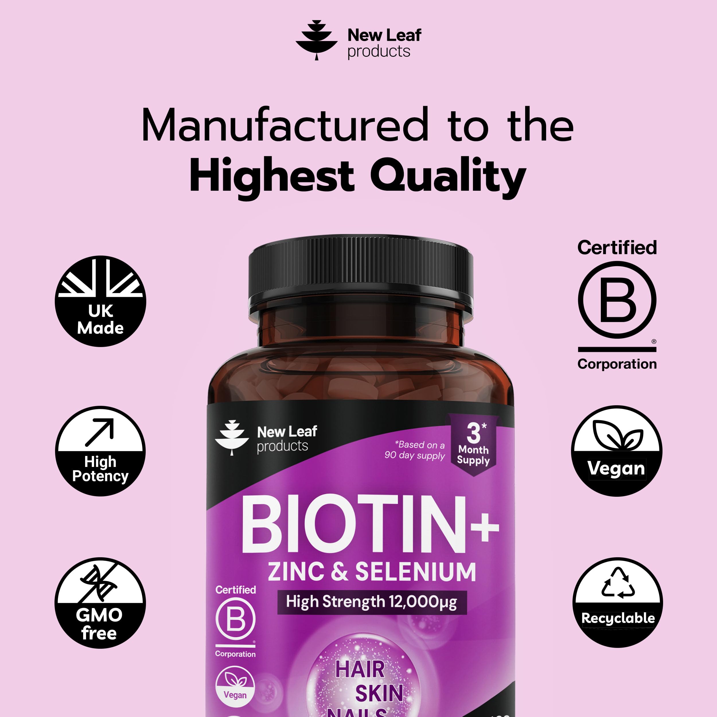 Biotin Hair Growth Vitamins 12,000mcg D-Biotin Tablets Enriched with Zinc & Selenium –Vegan Beauty Hair Skin & Nails Vitamins for Women and Men High Strength - 3 Months Supply UK Made - New Leaf