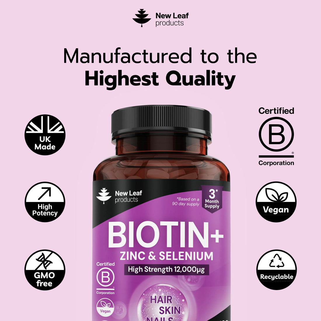Biotin Hair Growth Vitamins 12,000mcg D-Biotin Tablets Enriched with Zinc & Selenium –Vegan Beauty Hair Skin & Nails Vitamins for Women and Men High Strength - 3 Months Supply UK Made - New Leaf