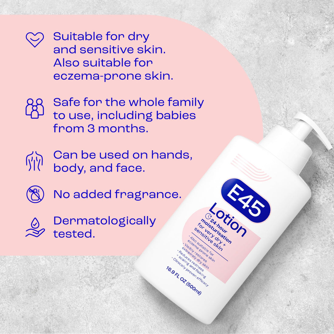 E45 Moisturising Lotion 500 ml for Dry & Sensitive Skin - Long-Lasting Hydration Protect from Dryness, Reduce Redness - Dermatological Body Moisturiser Lotion - Body Lotion - Daily Moisturiser Halalzen
