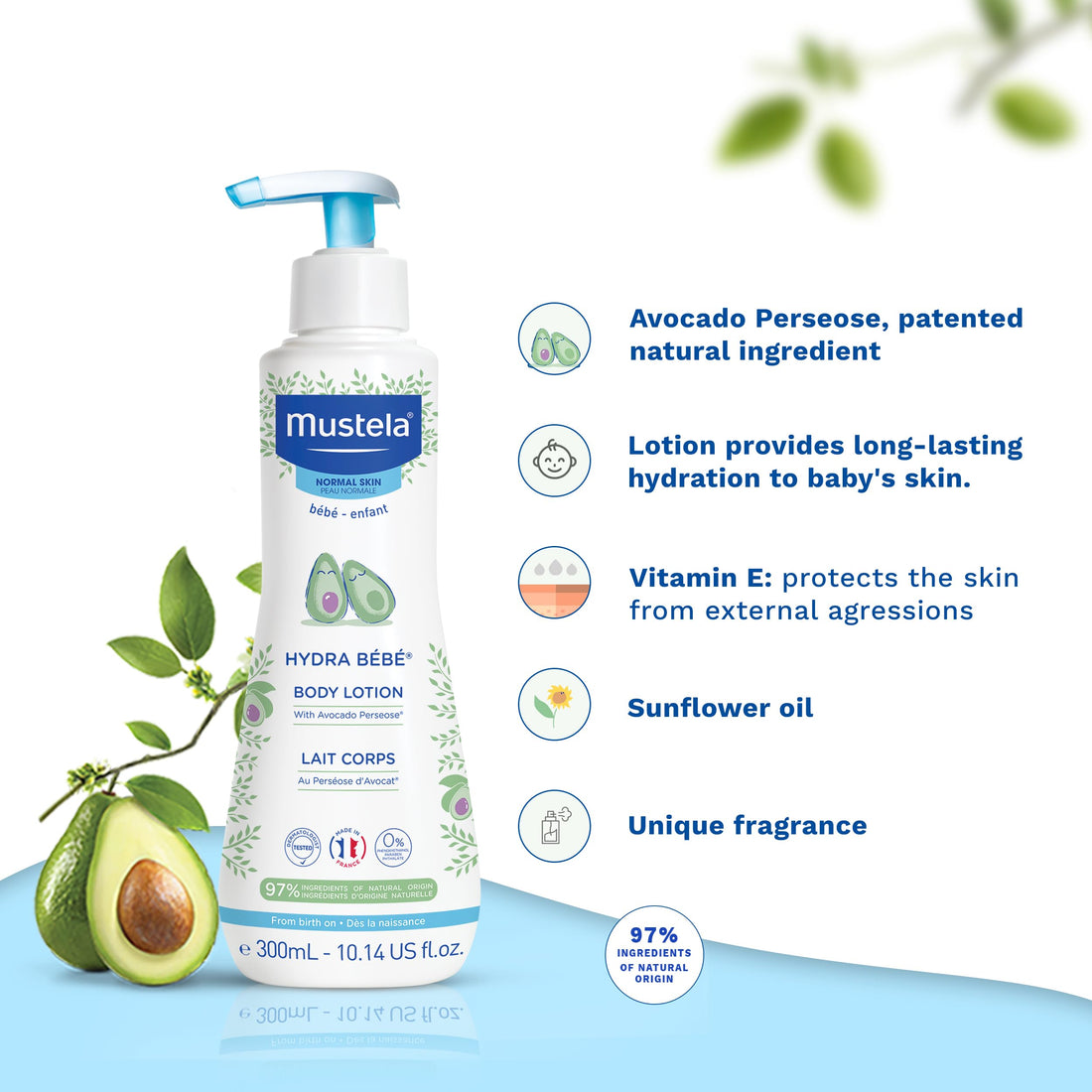 Mustela Hydra Bebe Body Lotion - Daily Moisturizing Baby Lotion with Natural Avocado, Jojoba & Sunflower Oil – Various Sizes Halalzen
