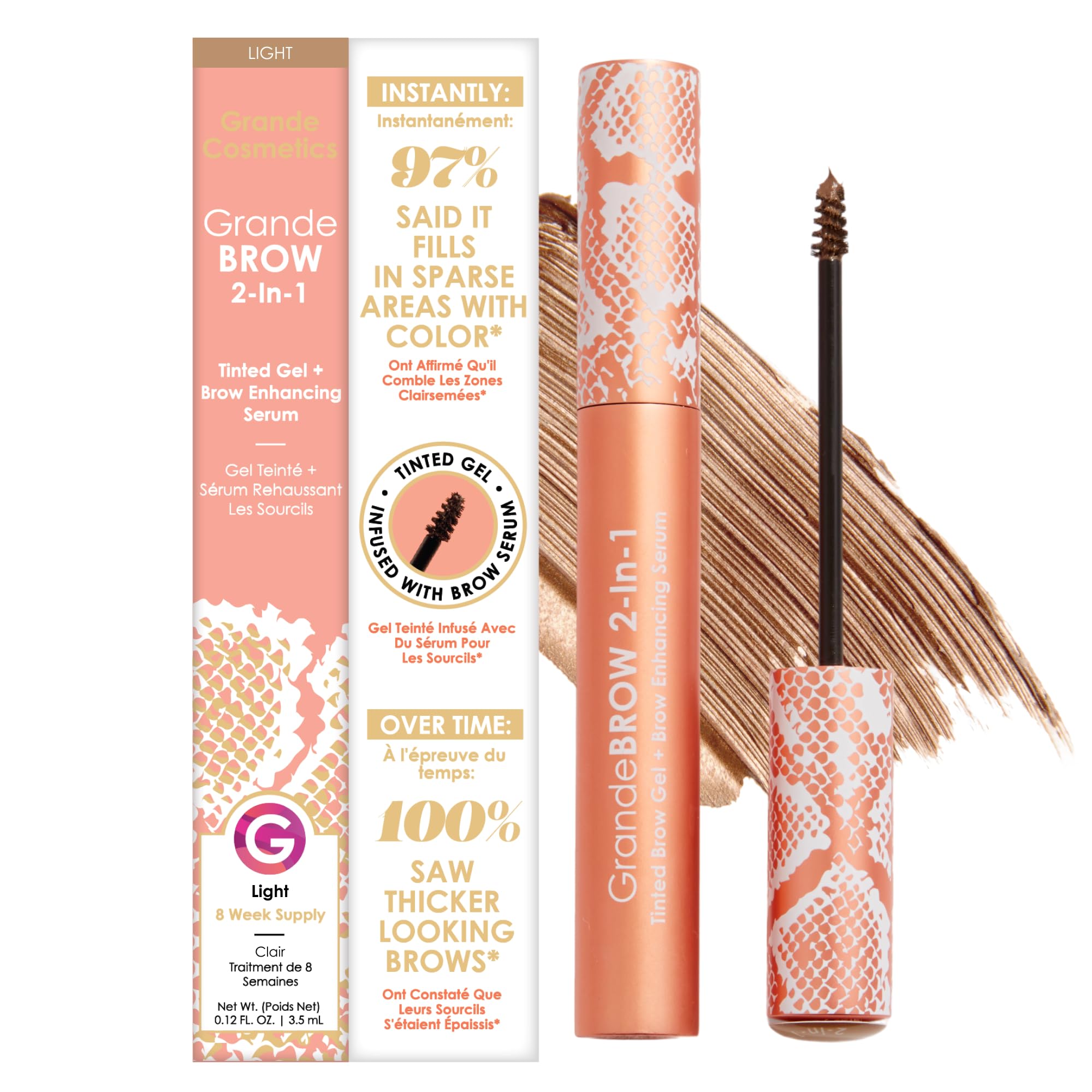 Grande Cosmetics GrandeBROW 2-in-1 Tinted Brow Gel + Brow Enhancing Serum for Thicker & Darker-Looking Eyebrows, Shape & Fill Brows, Long Wear, with Castor Oil & Mini Fibers