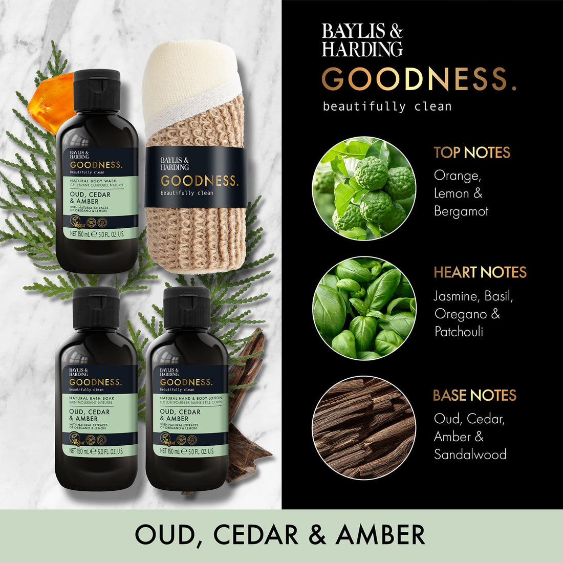Baylis & Harding Goodness Oud, Cedar and Amber Body Wash, 500 ml (Pack of 3) - Vegan Friendly
