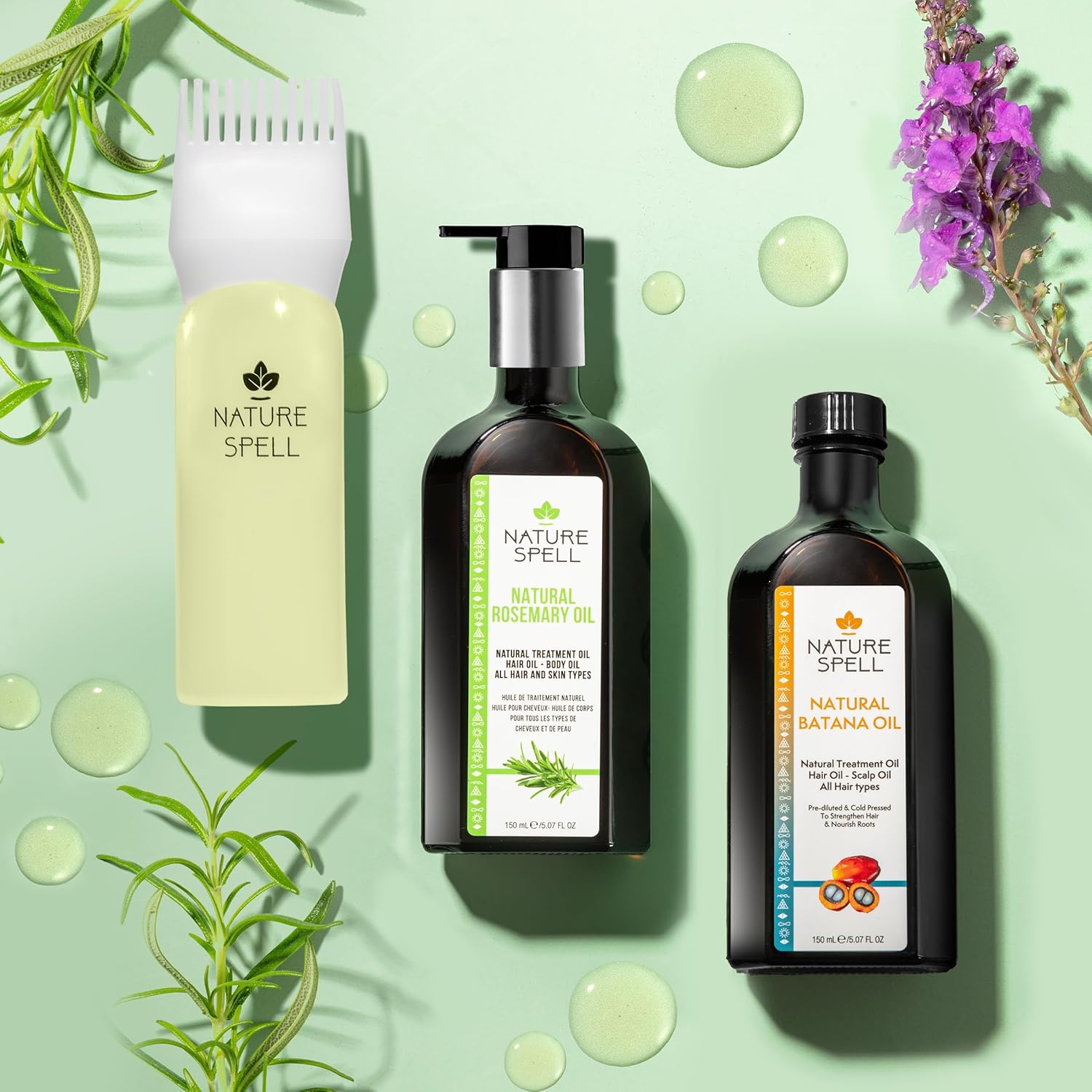 Nature Spell Hair Growth Duo with Rosemary & Batana Oils, Pre-Diluted Oil Set to Stimulate Growth & Strengthen Dry Strands, with Applicator & Pump, For All Hair Types, Vegan