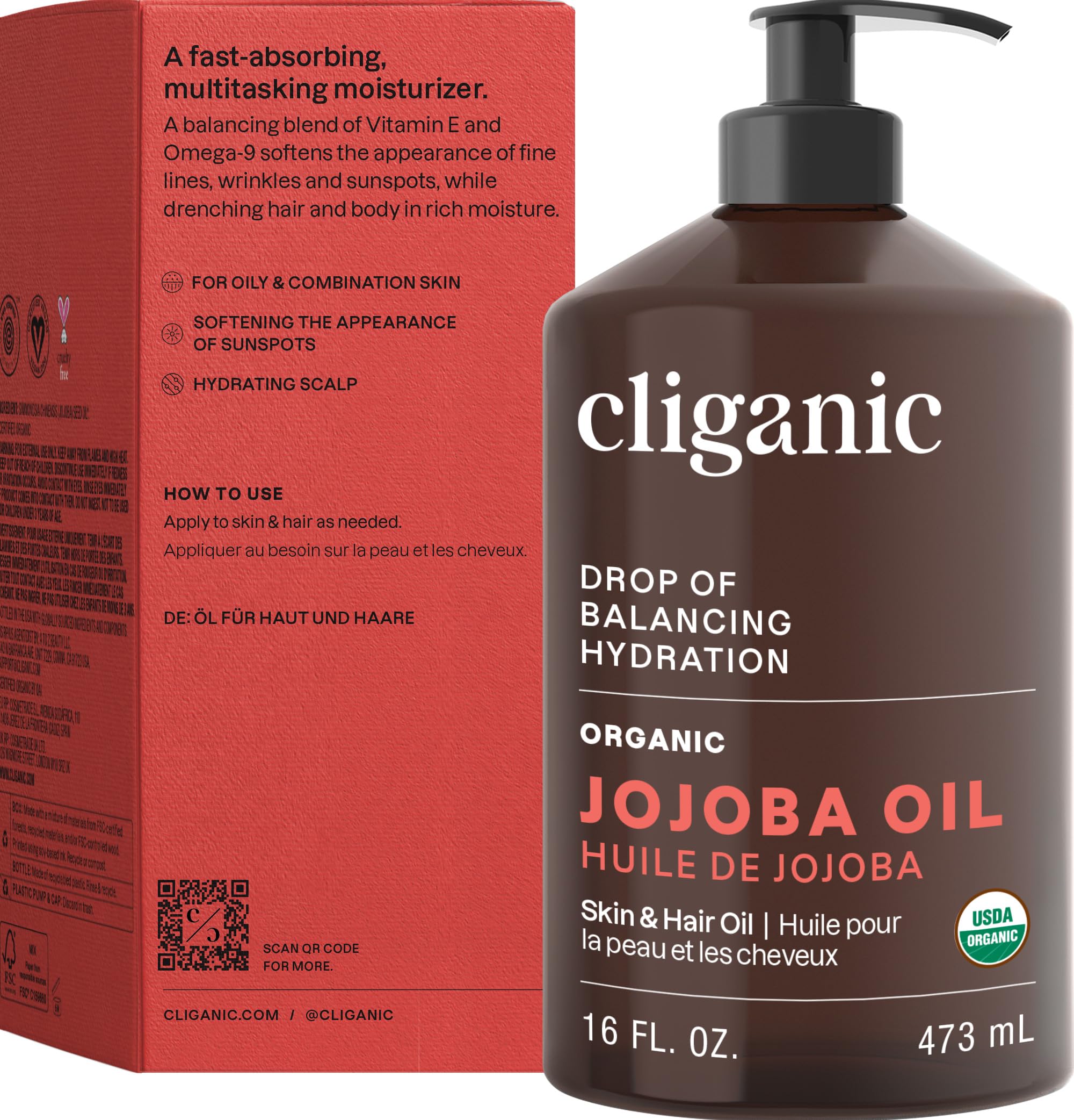 Cliganic Organic Jojoba Oil, 100% Pure (4oz) | Moisturizing for Face, Hair, Skin & Nails | Natural Cold Pressed Hexane Free | Base Carrier Oil Halalzen