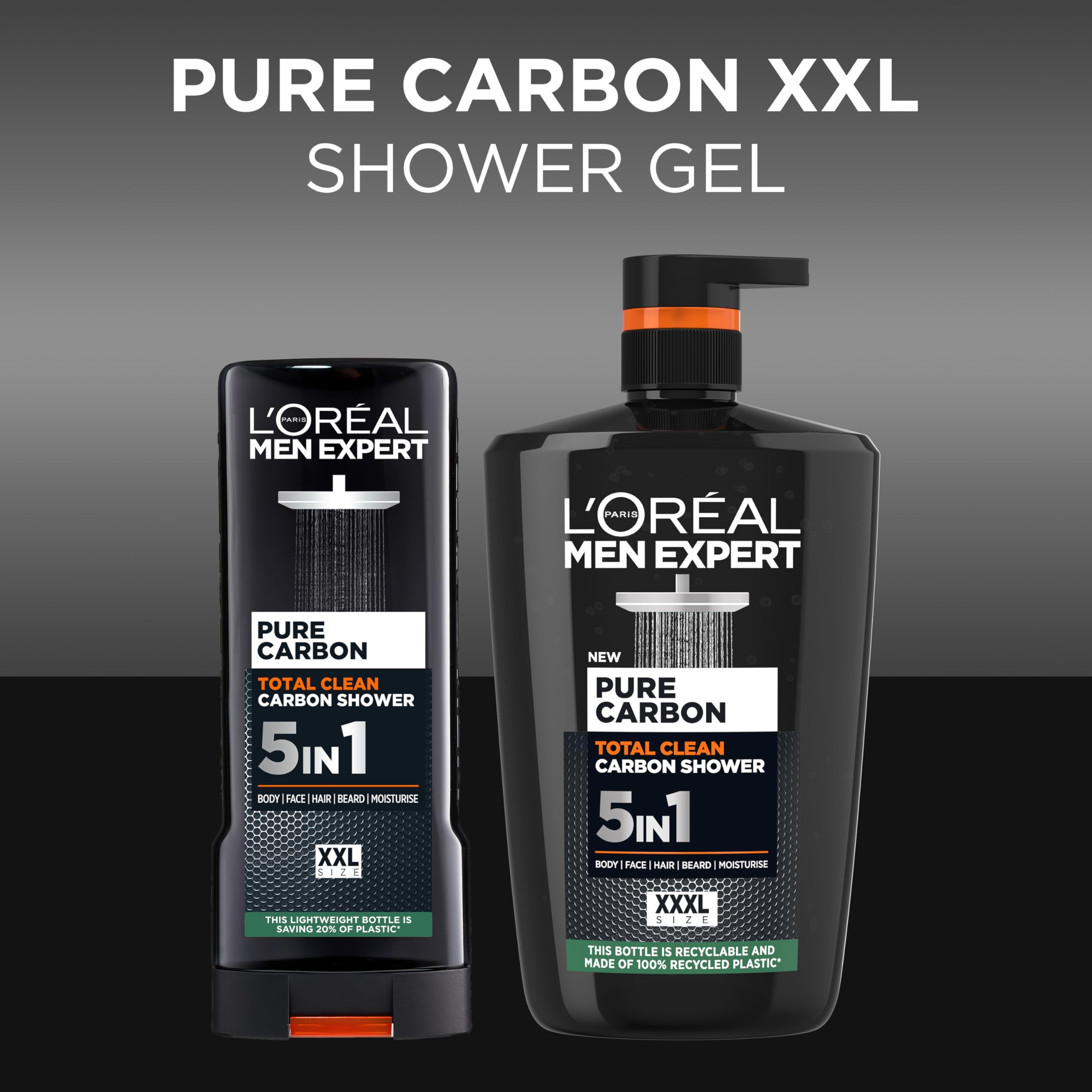 L'Oréal Men Expert, Pure Carbon, 5-in-1 XXXL Shower Gel, A Total Action Body, Face, Hair Wash, Shave and Moisturiser Powered By Carbon, Total 5-in-1 Action, Large 1L Pump