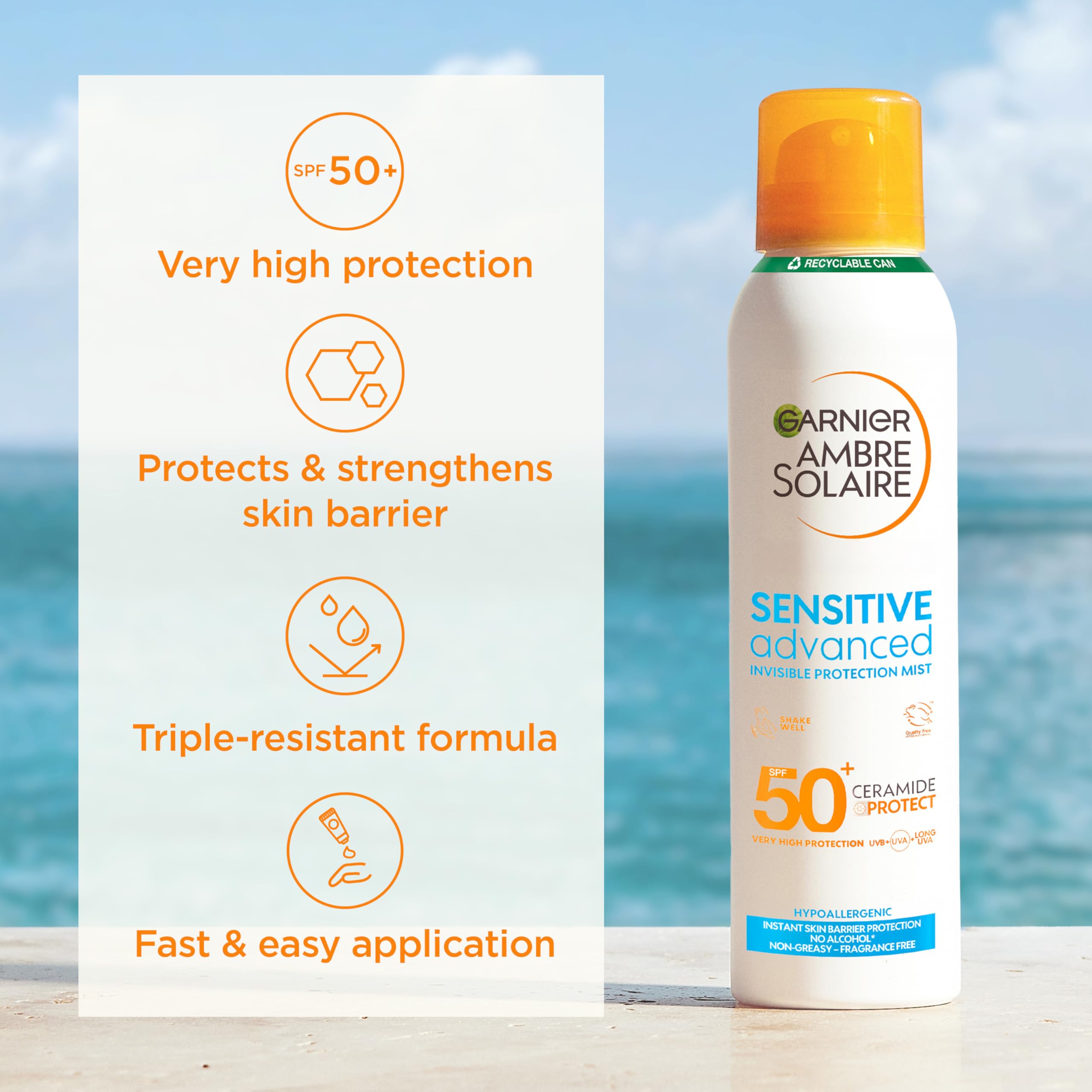 Garnier Ambre Solaire Sun Cream Spray SPF50+ Sensitive Advanced Sunscreen, Factor 50, Water Resistant, Non-Greasy, Fragrance-Free, Hypoallergenic, UVA UVB Protect with Ceramide, 150ml