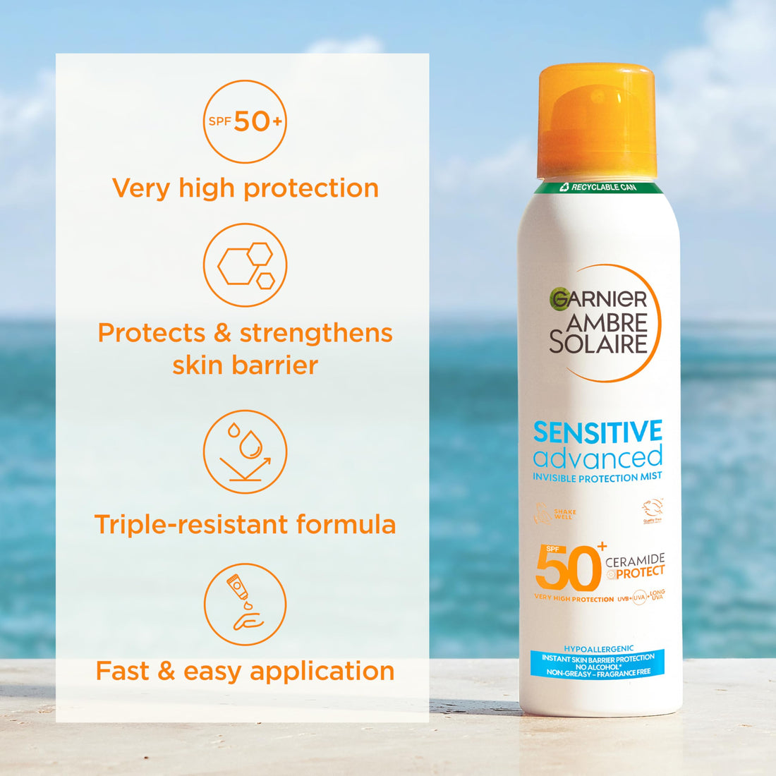 Garnier Ambre Solaire Sun Cream Spray SPF50+ Sensitive Advanced Sunscreen, Factor 50, Water Resistant, Non-Greasy, Fragrance-Free, Hypoallergenic, UVA UVB Protect with Ceramide, 150ml