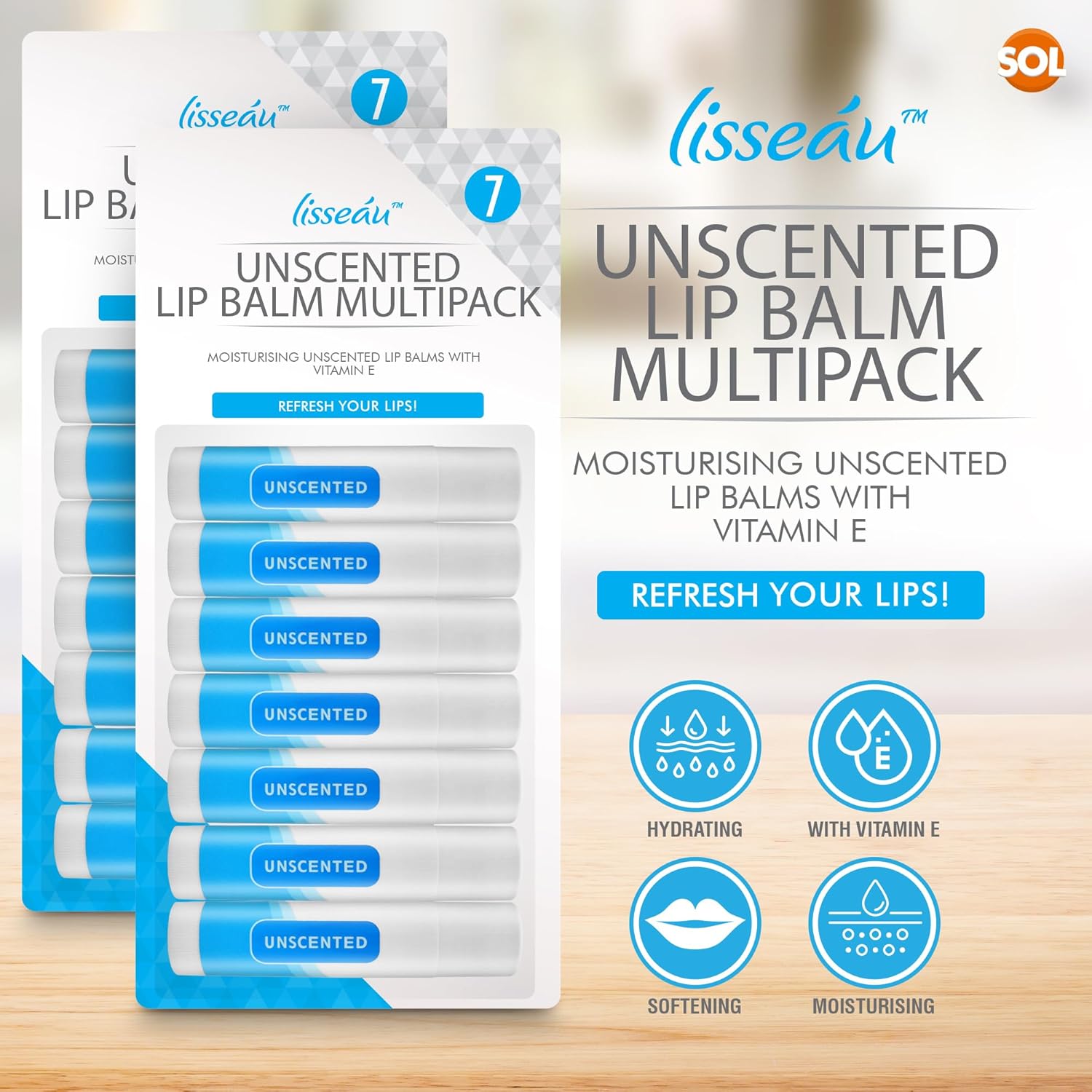 SOL 14pk Unscented Lipbalm Multipack - Moisturiser & Hydrating Lip Balm for Men and Women, Repair for Dry, Chapped Lips With Vitamin E, Long-Lasting Lip Care Sticks for Home, Office, or On-the-Go Use