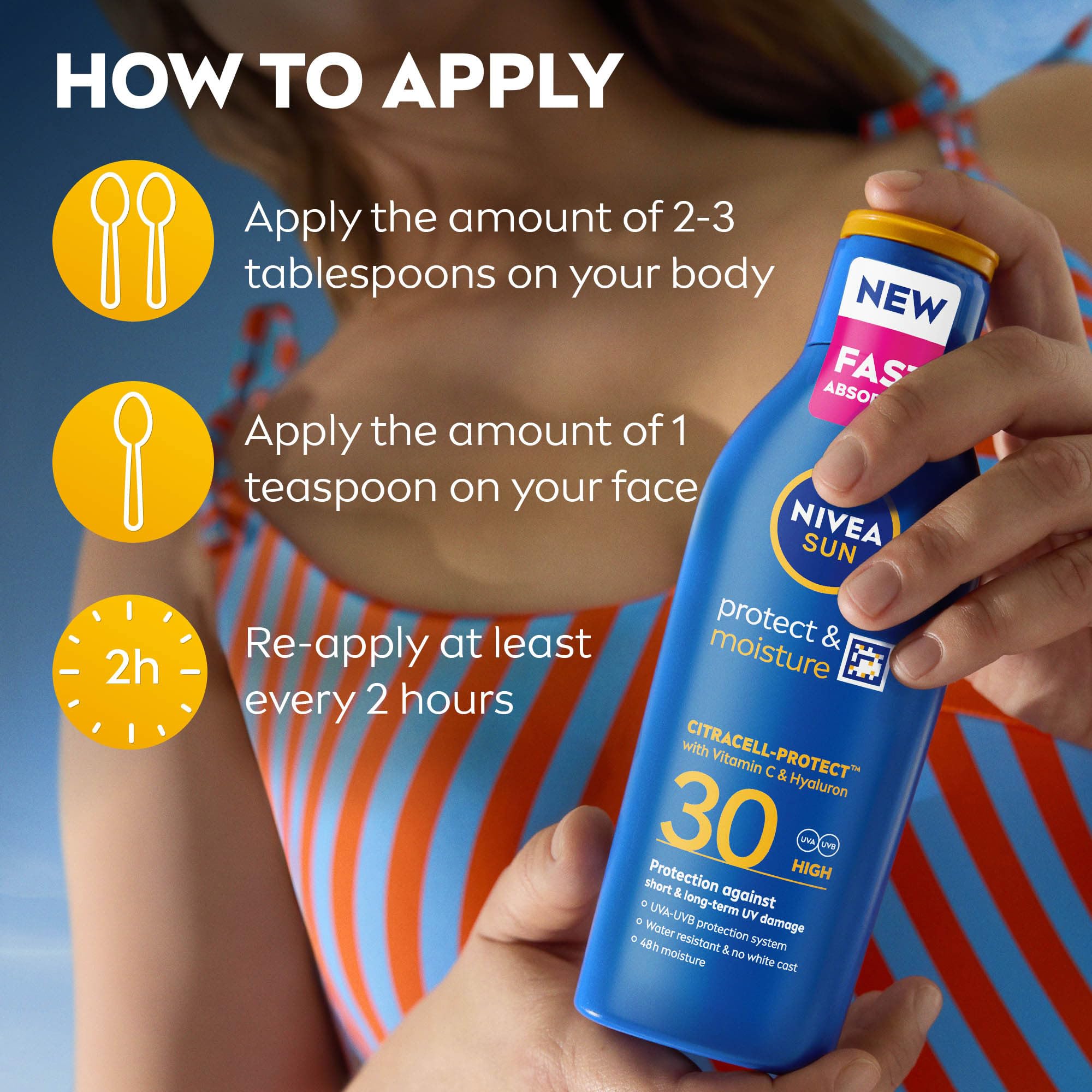 NIVEA SUN Protect & Moisture Sun Lotion SPF 30 (200 ml), Suncream with Vitamin C and Hyaluron, Provides 48H Moisture & Immediate UVA & UVB Protection, Fast-Absorbing No White Cast Formula