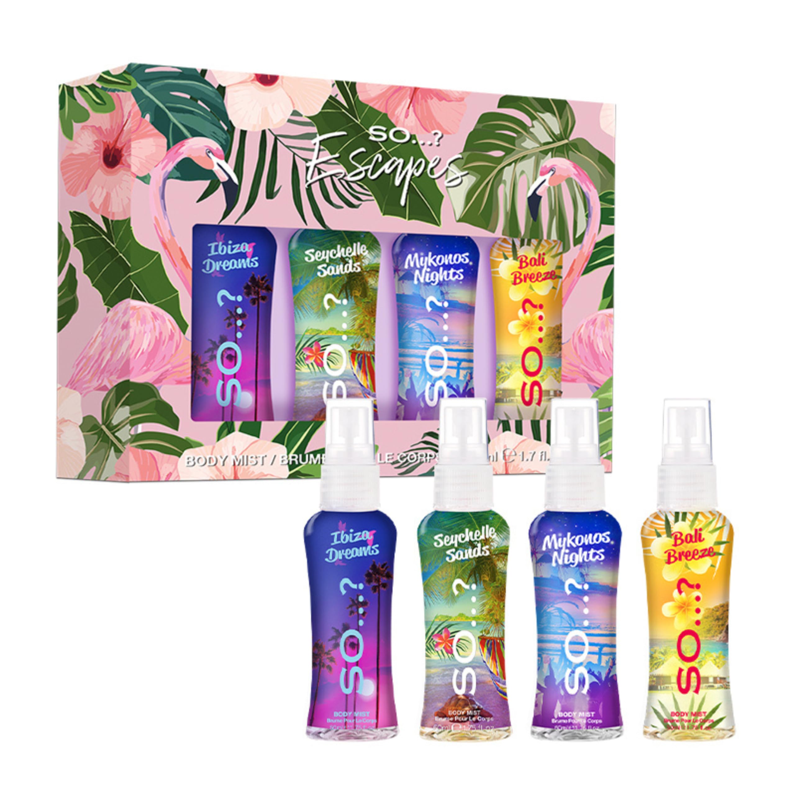 So…? Escapes Womens Gift Set, with Ibiza Dream, Bali Breeze, Mykonos Nights & Majorca Love, Fragrance Spray Set (4 x 50ml) Halalzen
