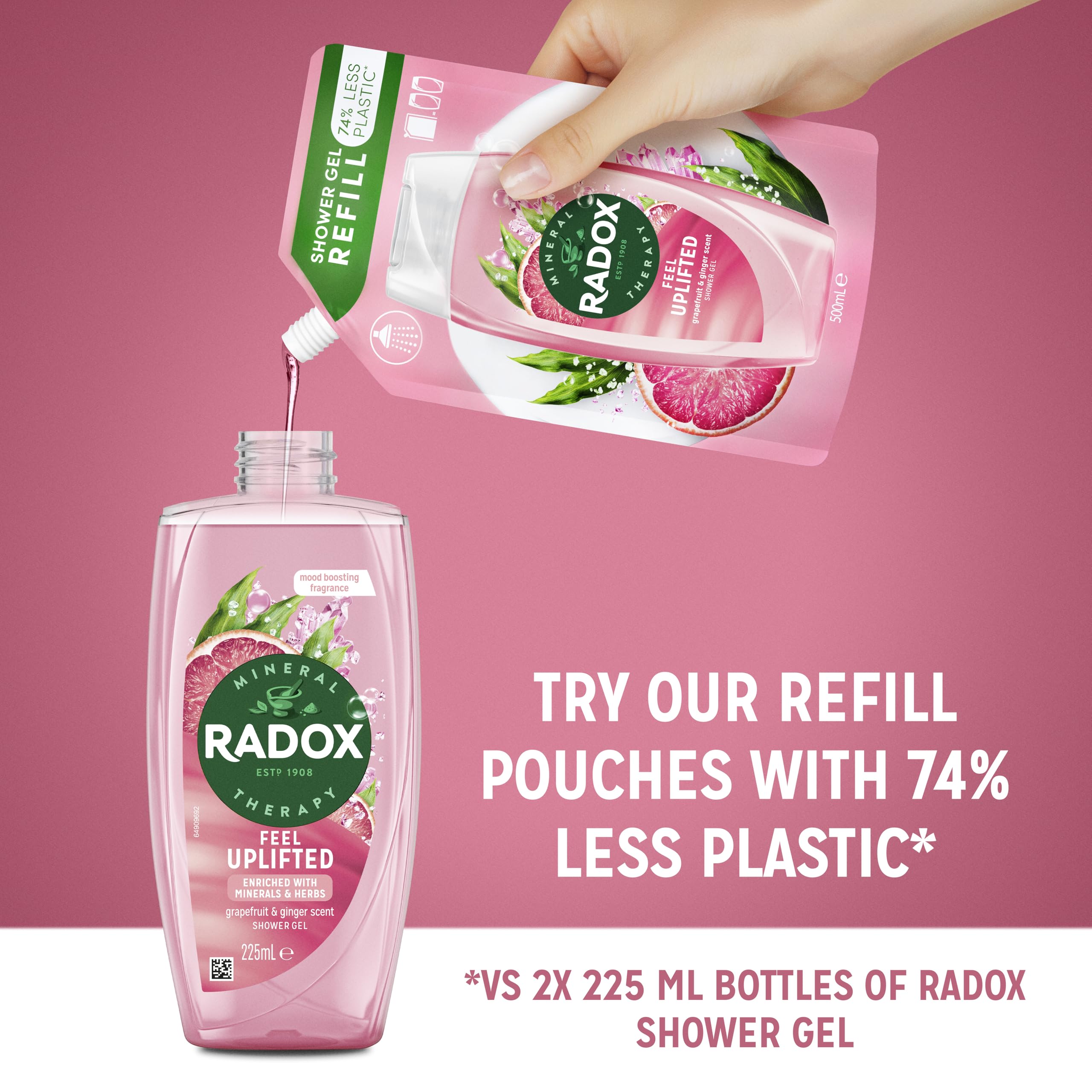 Radox Mineral Therapy Feel Uplifted Shower Gel body wash uniquely blended with minerals, herbs and a grapefruit & ginger scent for a mood-boosting experience 225 ml