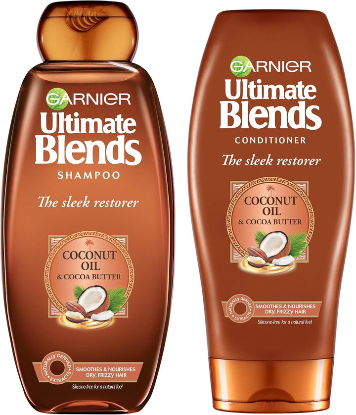 Garnier Ultimate Blends Shampoo & Conditioner Set | Sleek Restorer With Coconut Oil & Cocoa Butter Smoothing for Sleek, Smooth, Frizz-Free Hair | 360 ml | Halalzen