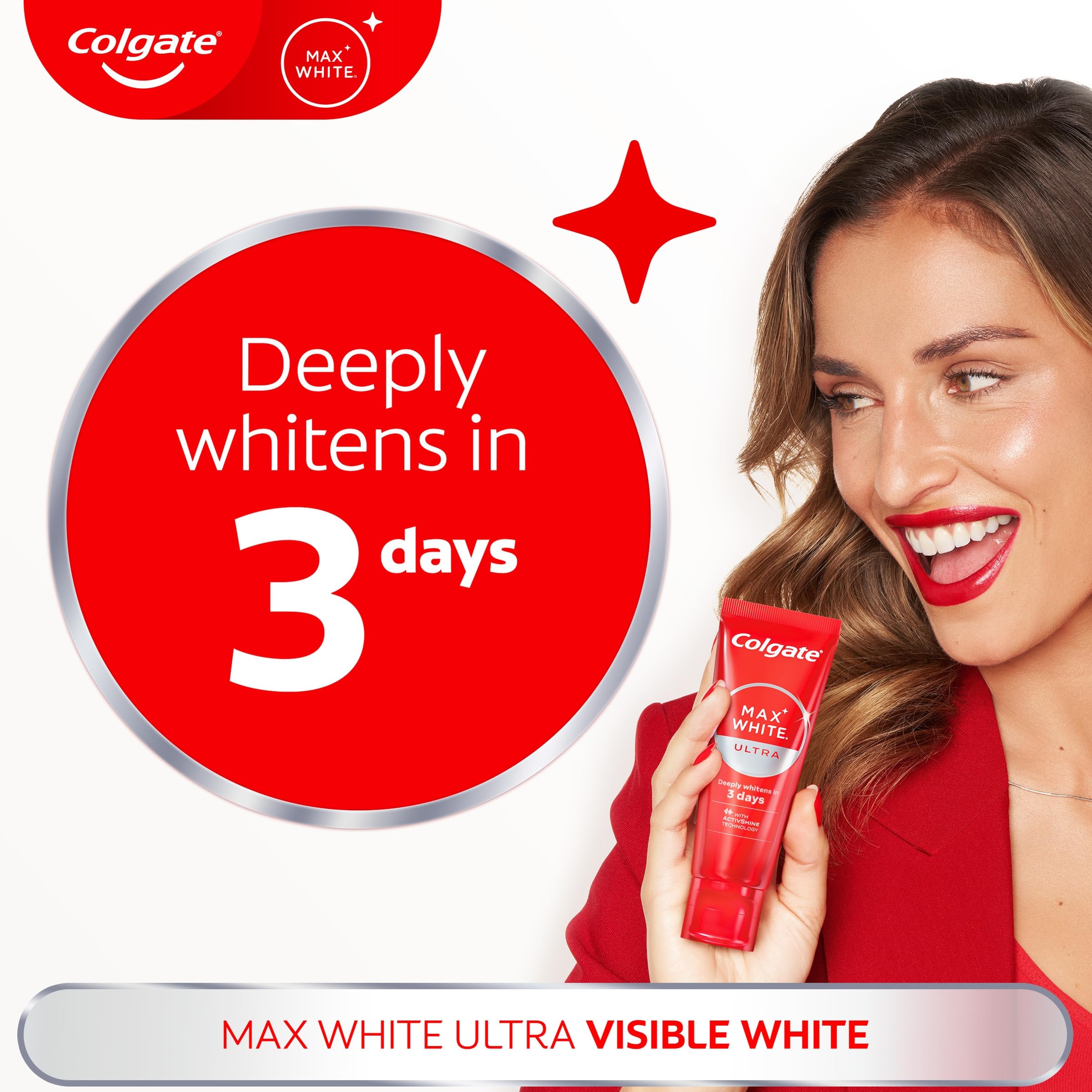 Colgate Max White Ultra+ Enamel Toothpaste 75ml, Whitens Deep Stains for 5X Whiter Teeth, ActiveShine Technology Smoothes Enamel Surface to Reflect Light, Protects and Remineralises Enamel