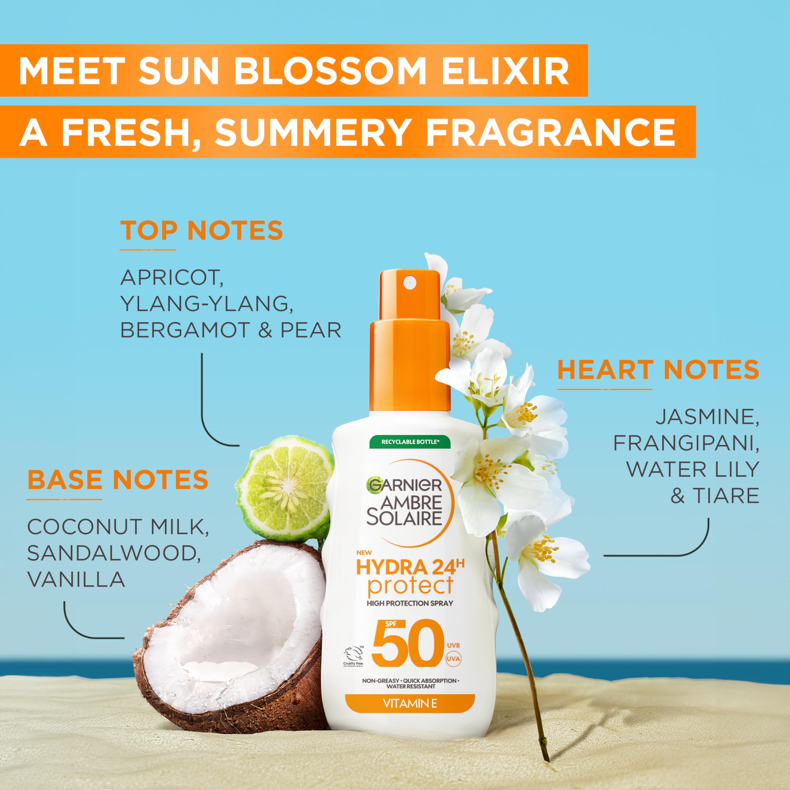 Garnier Ambre Solaire Sun Cream SPF 30 Hydra 24 Hour Protect High Protection UVB & UVA Hydrating Sun Lotion, Enriched with Vitamin E, Water Resistant, Non-Greasy, Fast Absorbing 150ml