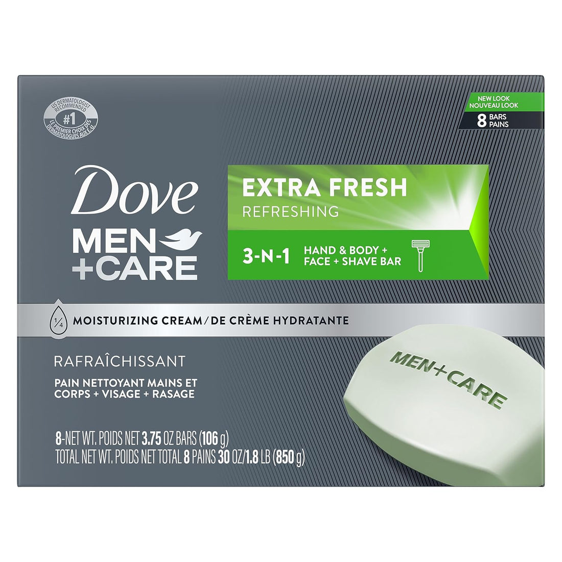 DOVE MEN + CARE Pain Nettoyant 3 en 1 Corps, Visage et Rasage Extra Frais Plus Hydratant Qu'un Pain de Savon Traditionnel pour Nettoyer et Hydrater la Peau 106 g (Lot de 8)