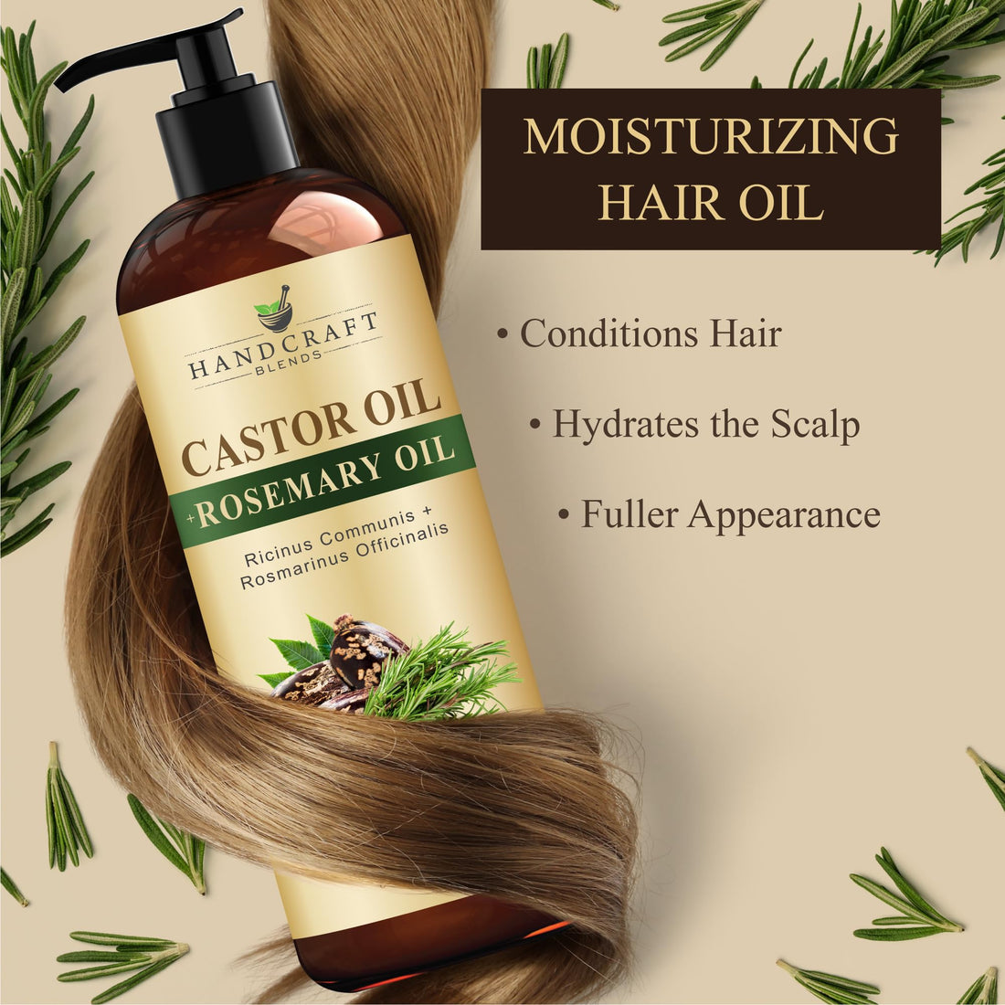 Handcraft Blends Huile de Ricin et Huile de Romarin 236 ml | 100% Pure et Naturelle | Huile Support de Qualité Supérieure | Cheveux, Cils et Sourcils | Cheveux et Corps