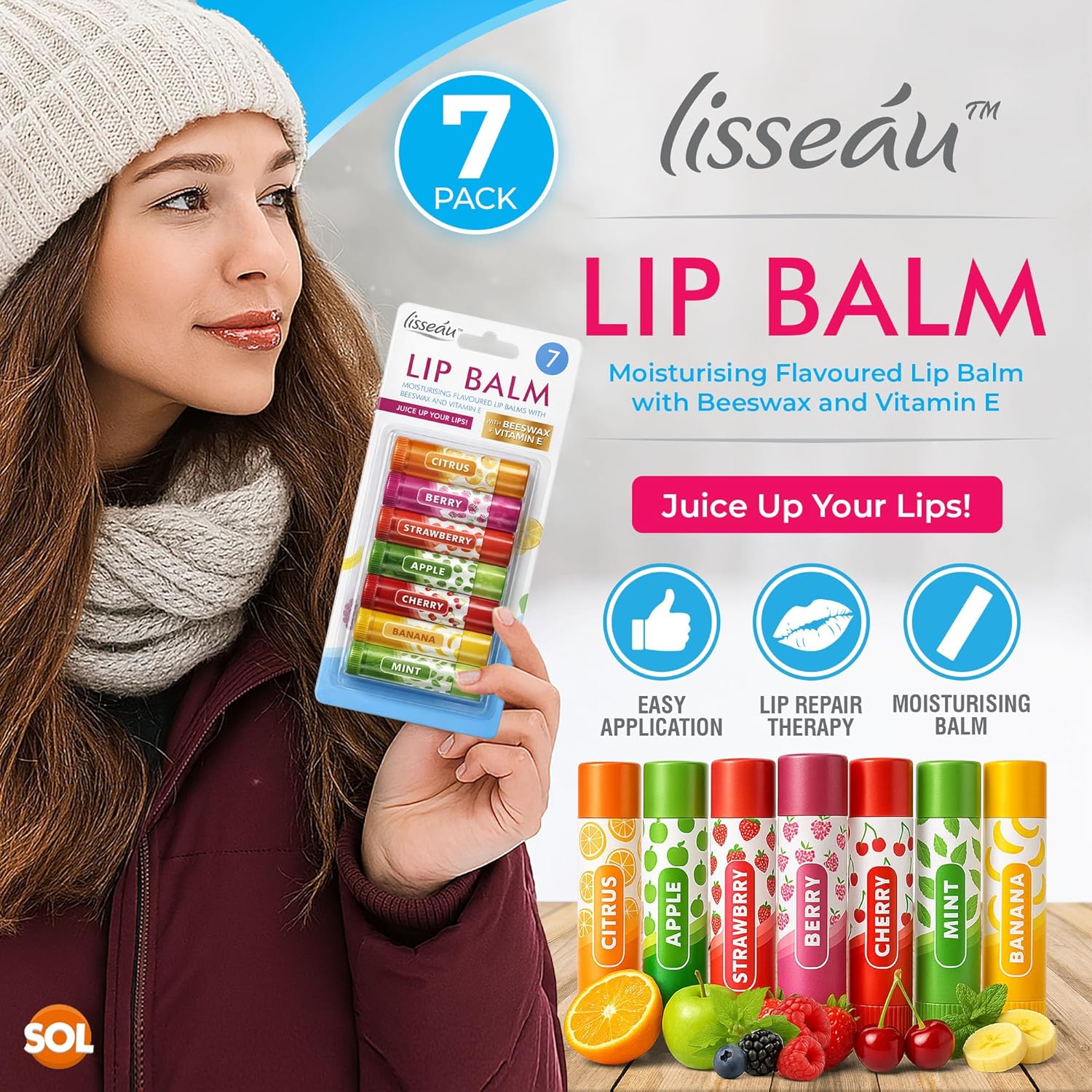 SOL 7pk Womens Lip Balm Set Flavoured Moisturiser for with Beeswax & Vitamin E - Fruit Lipbalm for Girls and Teens, Moisturising Balms Multipack Sticks for Dry and Chapped Lips for Daily Use & Gifting Halalzen