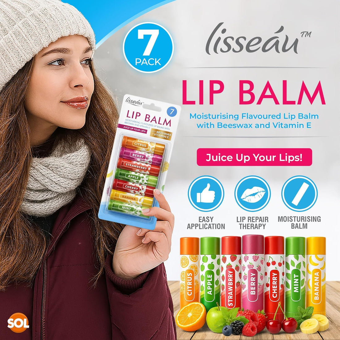 SOL 7pk Womens Lip Balm Set Flavoured Moisturiser for with Beeswax & Vitamin E - Fruit Lipbalm for Girls and Teens, Moisturising Balms Multipack Sticks for Dry and Chapped Lips for Daily Use & Gifting Halalzen
