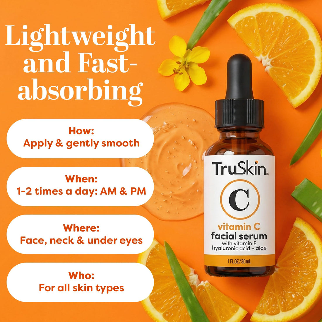 TruSkin Vitamin C Serum for Face – Anti Aging Face Serum with Vitamin C, Hyaluronic Acid, Vitamin E – Brightening Serum for Dark Spots, Even Skin Tone, Eye Area, Fine Lines & Wrinkles, 1 Fl Oz 30ml