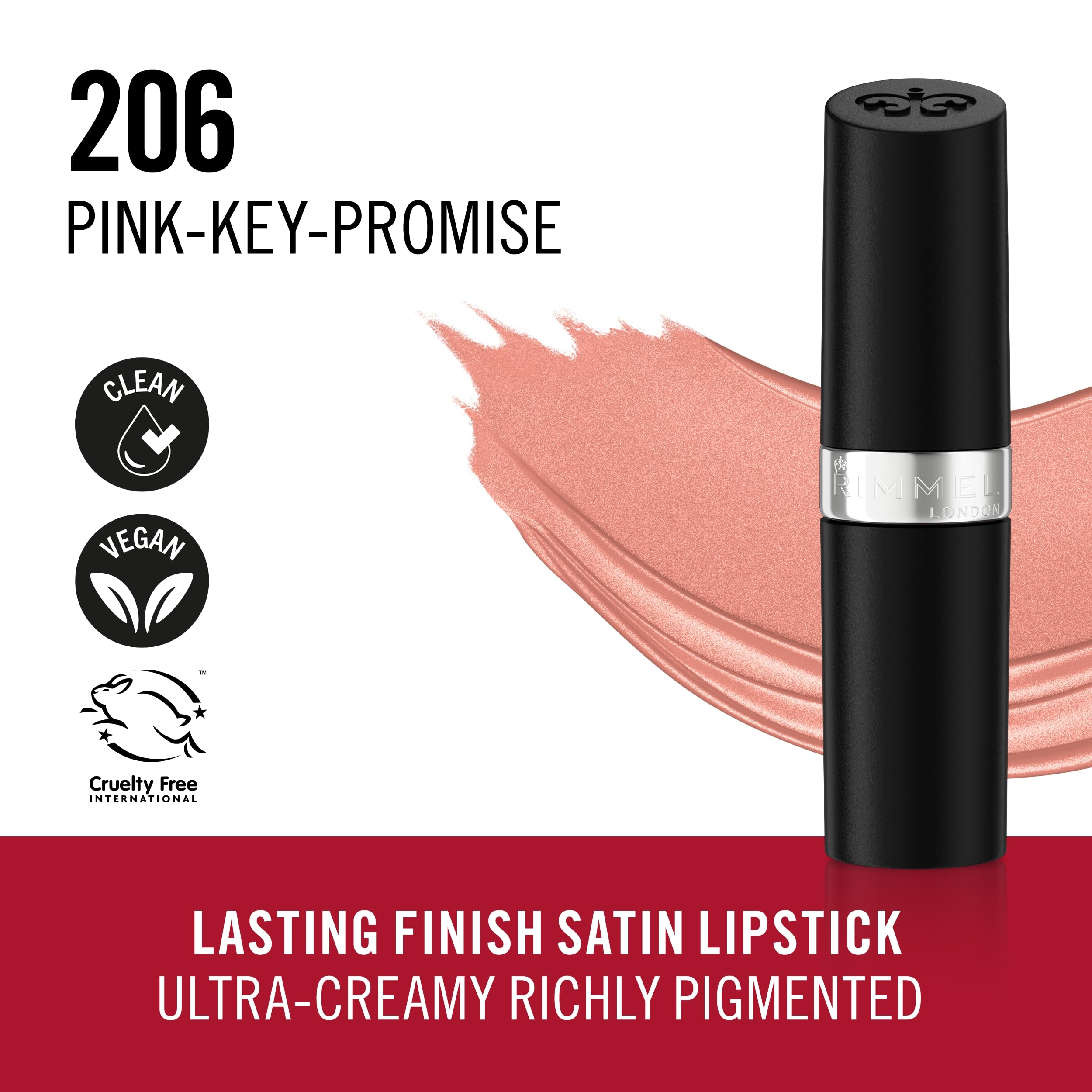 Rimmel Lasting Finish Lipstick 206 Pink-Key-Promise, Creamy Satin Finish, Long Lasting 8 HR Wear, Comfortable Formula, Rich Pigment Halalzen