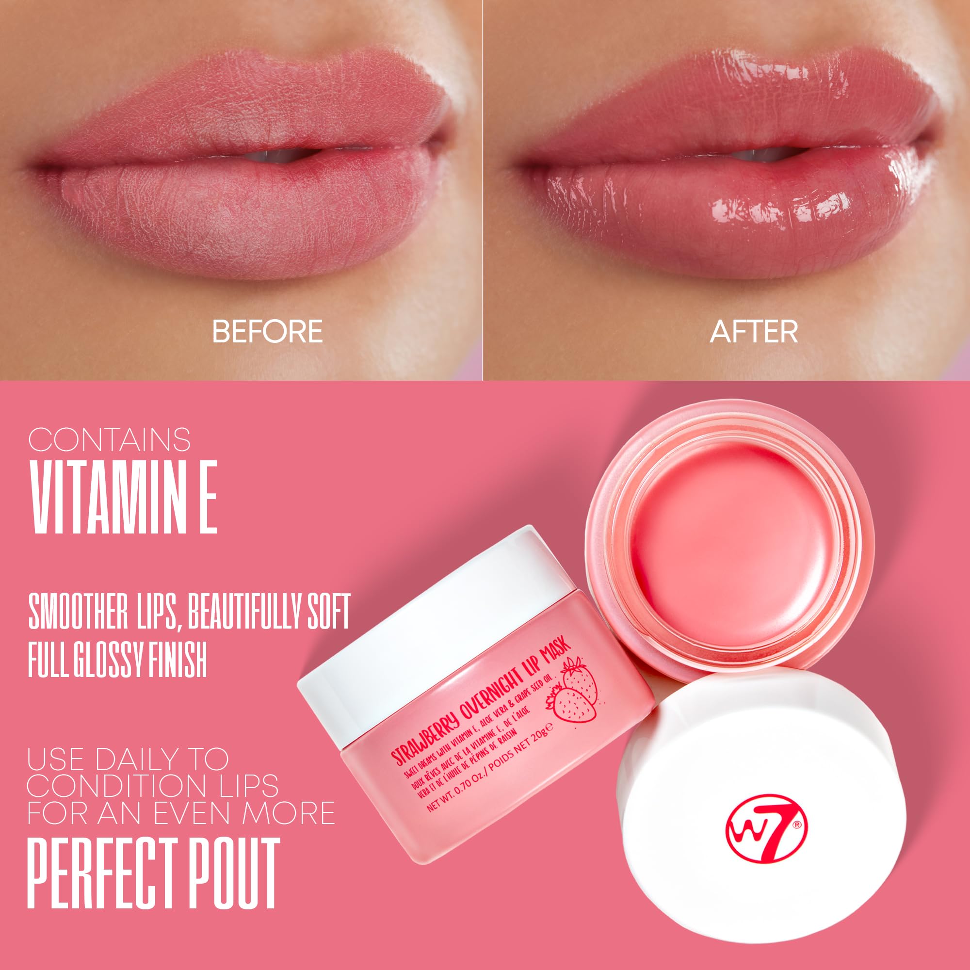 W7 Super Sweet Dreams Overnight Strawberry Lip Mask - Vitamin E, Aloe Vera and Grape Seed Oil - For Hydrated, Full Looking & Irresistible Lips - 20ml Halalzen