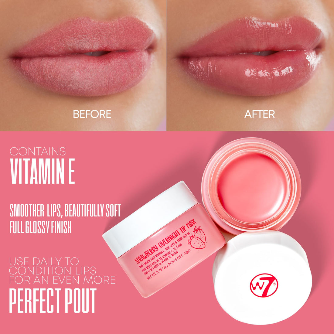 W7 Super Sweet Dreams Overnight Strawberry Lip Mask - Vitamin E, Aloe Vera and Grape Seed Oil - For Hydrated, Full Looking & Irresistible Lips - 20ml Halalzen