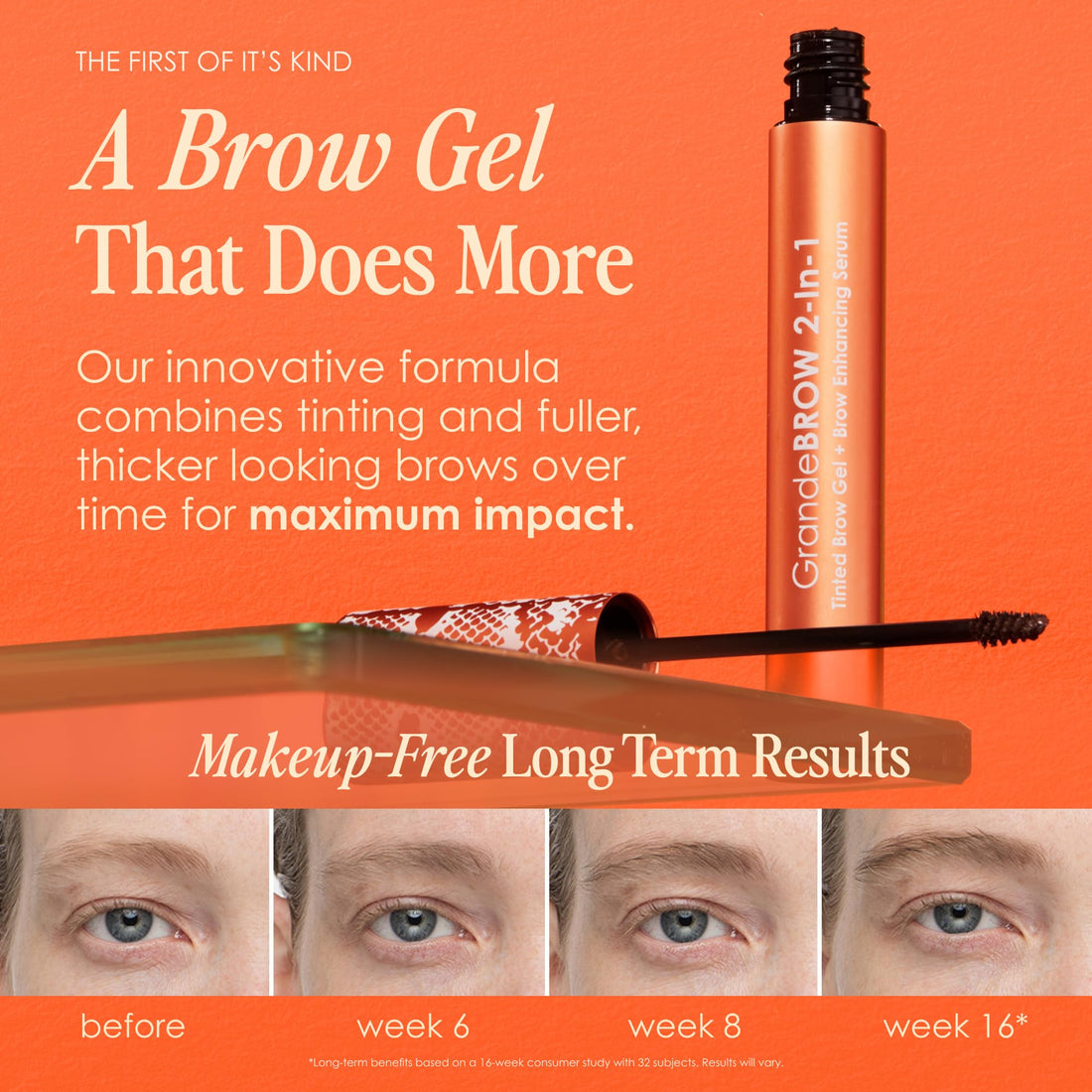 Grande Cosmetics GrandeBROW 2-in-1 Tinted Brow Gel + Brow Enhancing Serum for Thicker & Darker-Looking Eyebrows, Shape & Fill Brows, Long Wear, with Castor Oil & Mini Fibers