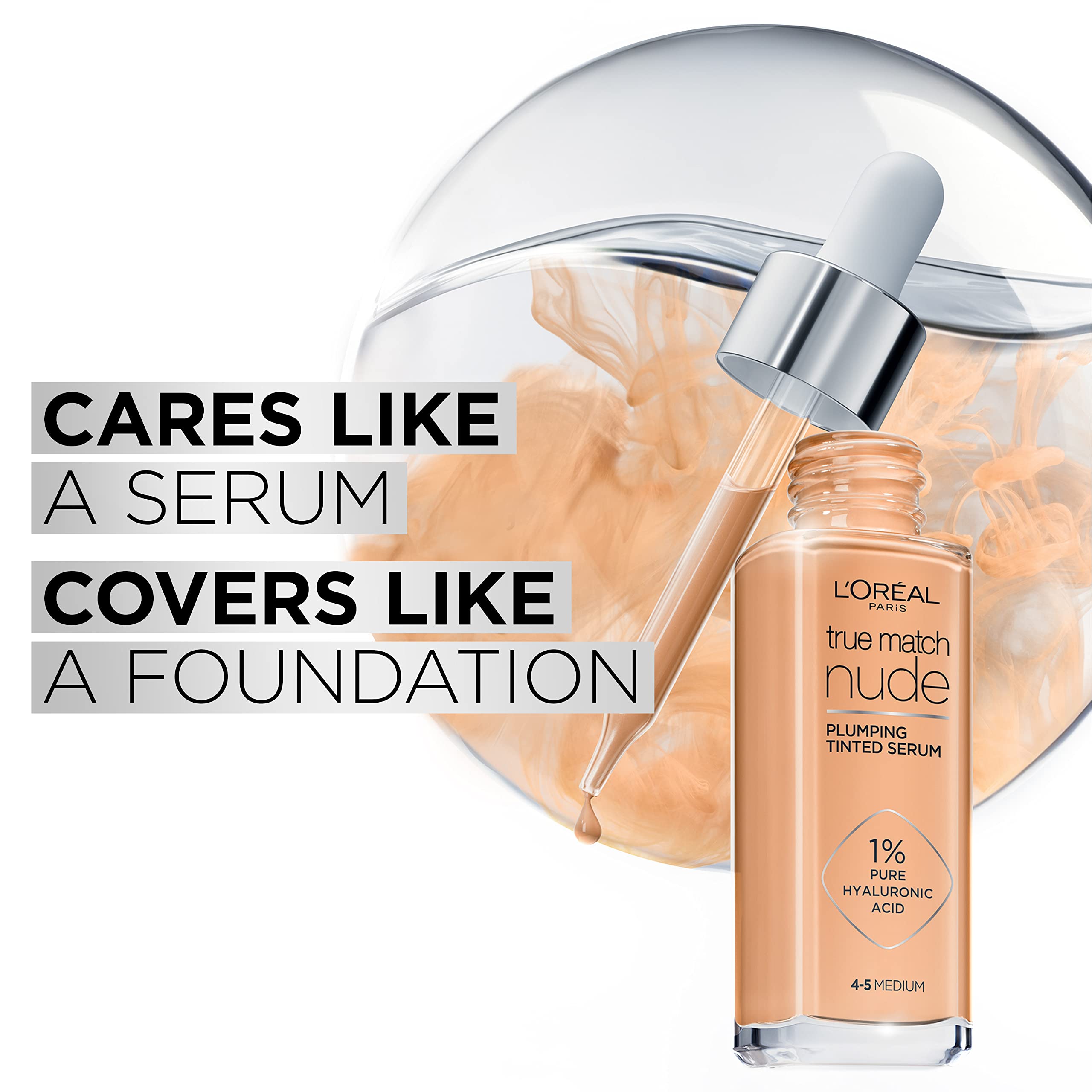 L'Oréal Paris Nude Tinted Serum for Face, Plumping and Hydrating Face Makeup, 1 Percent Pure Hyaluronic Acid, Nude Foundation to Cover, Replumps and Hydrates Skin in One Hour, Shade 4-5 Medium Halalzen
