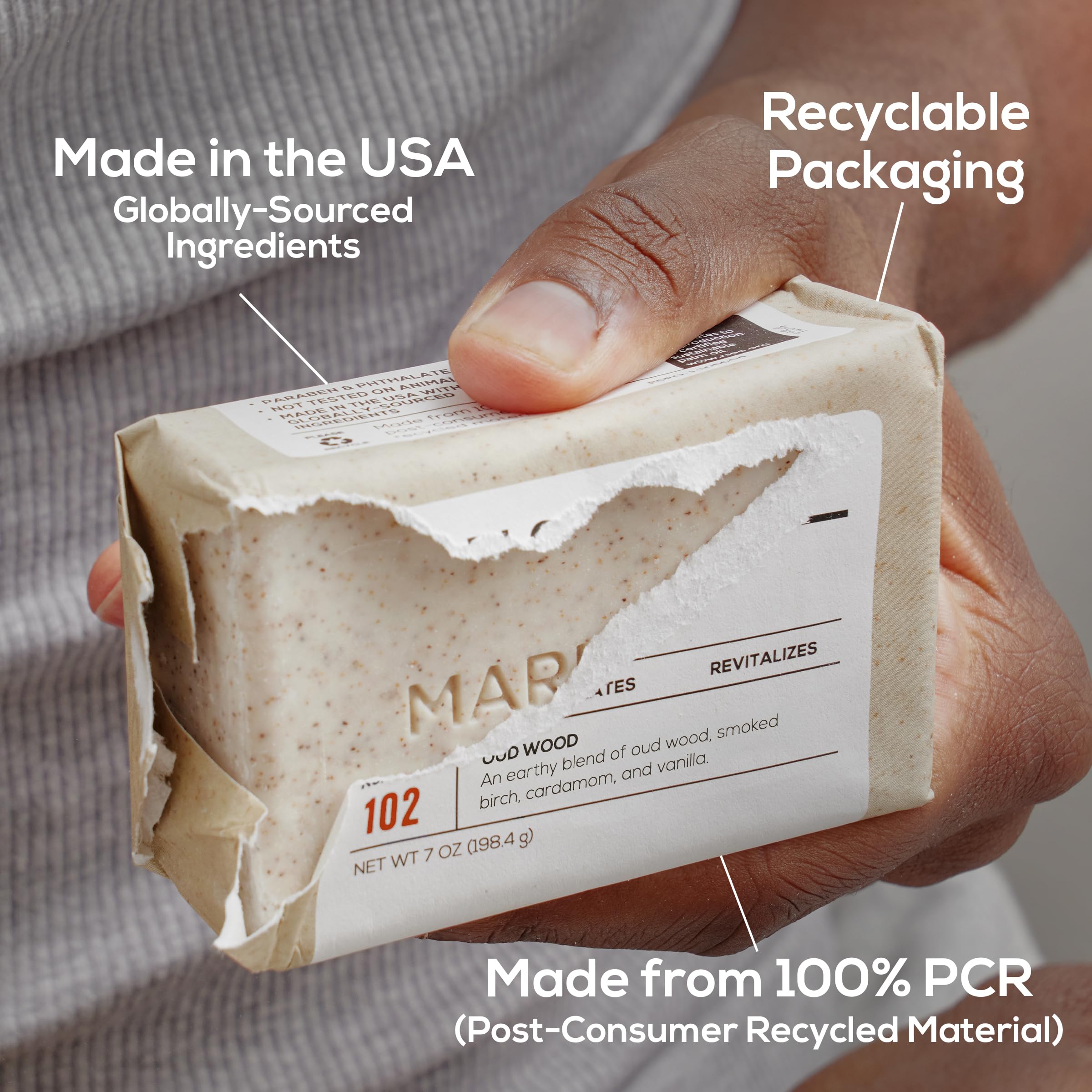 MARLOWE. No. 102 Body Scrub Soap 7 oz, Cedarwood & Sea Salt, Exfoliating Soap Bar with Shea Butter, Olive Oil & Green Tea Extracts, Cleanses, Smooths & Revitalizes Skin, Fresh & Zesty Scent