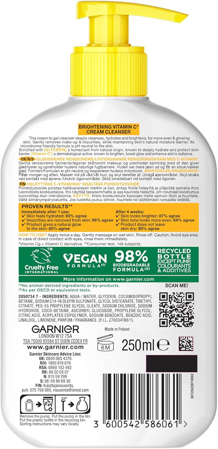 Garnier Vitamin C Brightening Cream Cleanser, Removes Make-up and Impurities, Hydrates and Brightens for Even Glowing Skin, for Dull and Uneven Skin, Dermatologically Tested, Cruelty free, 250ml