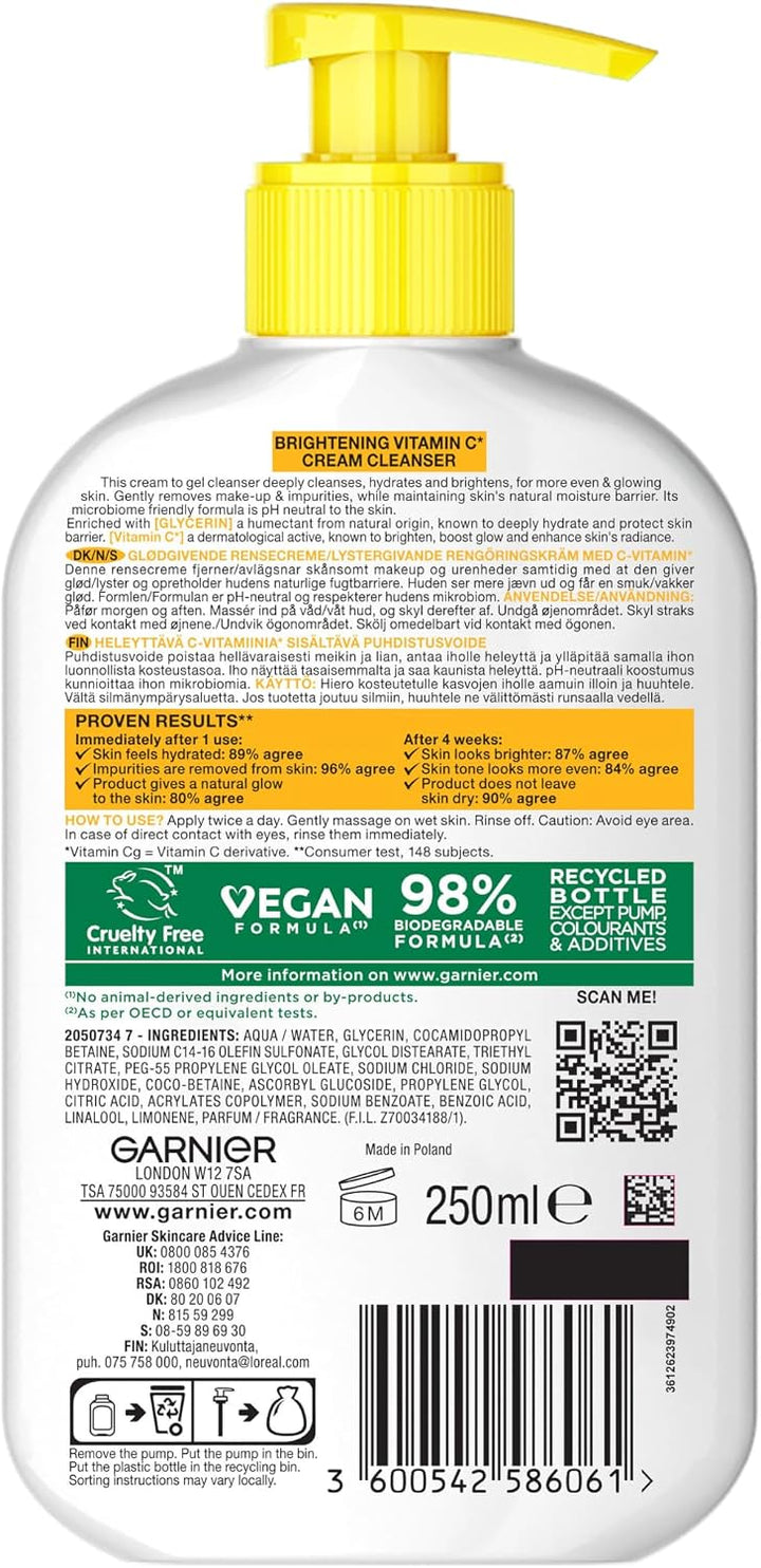 Garnier Vitamin C Brightening Cream Cleanser, Removes Make-up and Impurities, Hydrates and Brightens for Even Glowing Skin, for Dull and Uneven Skin, Dermatologically Tested, Cruelty free, 250ml