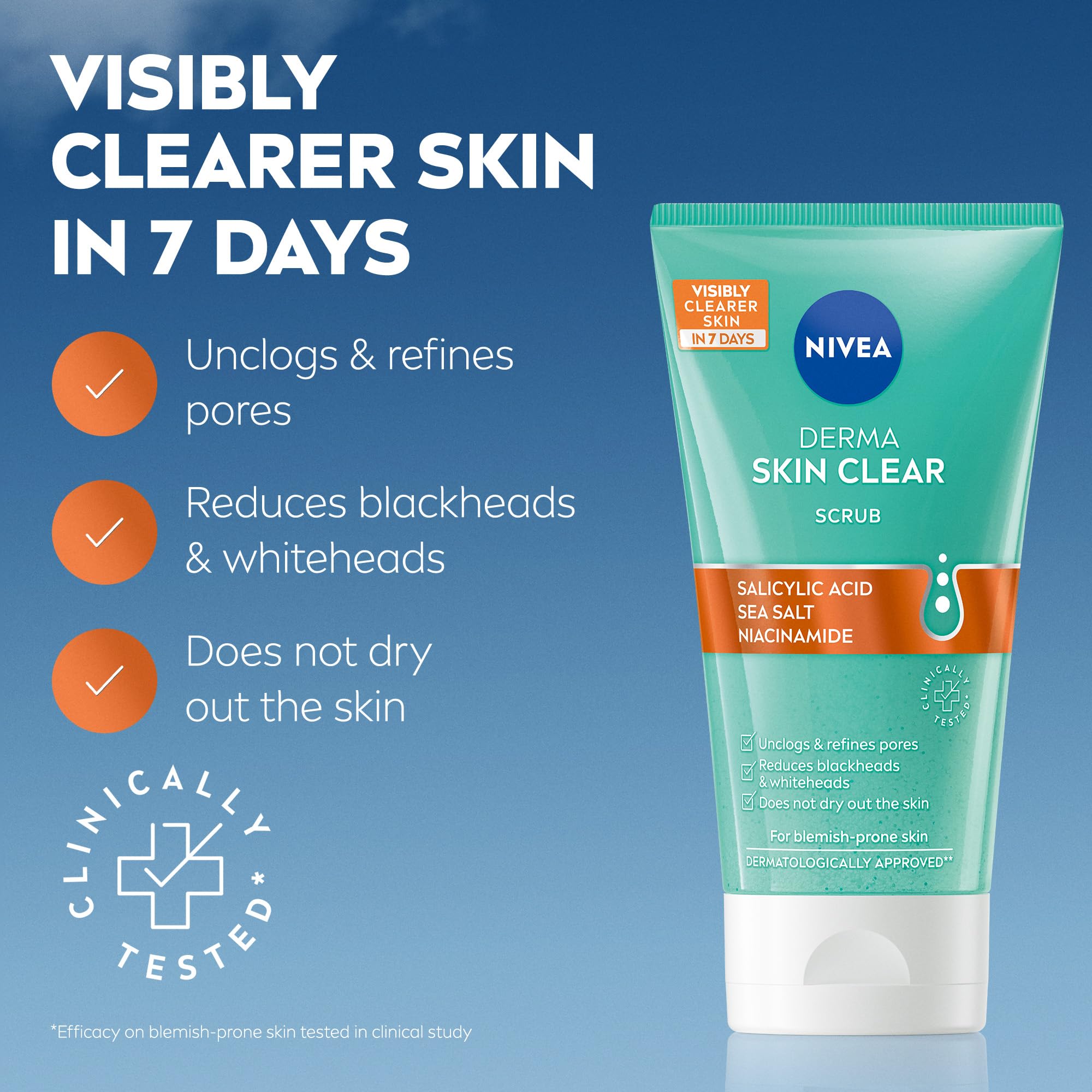 NIVEA Derma Skin Clear Scrub (150ml), Exfoliating Face Scrub, Salicylic Acid Face Wash Enriched with Niacinamide to Unclog Pores and Refine Textures, For Blemish-Prone Skin
