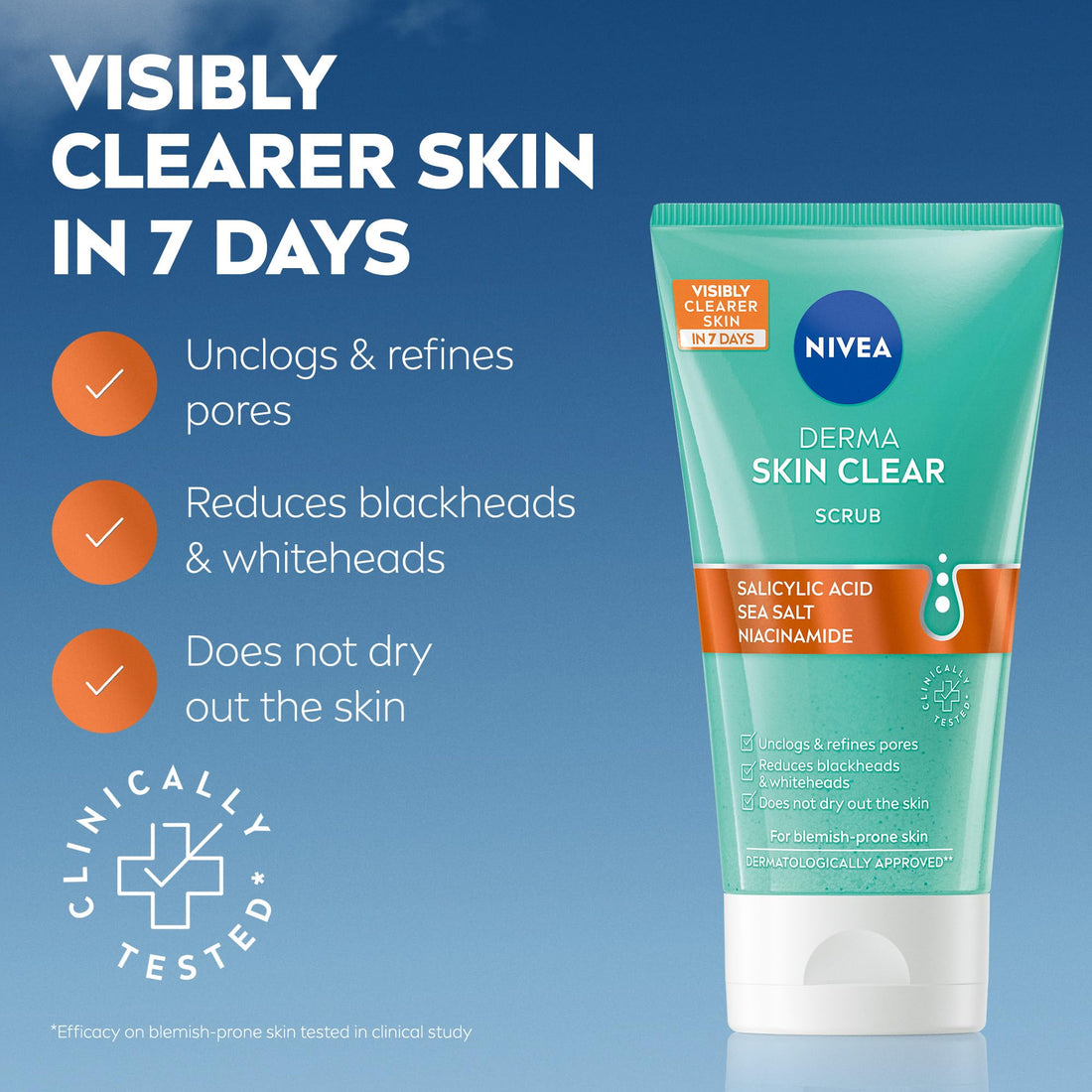 NIVEA Derma Skin Clear Scrub (150ml), Exfoliating Face Scrub, Salicylic Acid Face Wash Enriched with Niacinamide to Unclog Pores and Refine Textures, For Blemish-Prone Skin