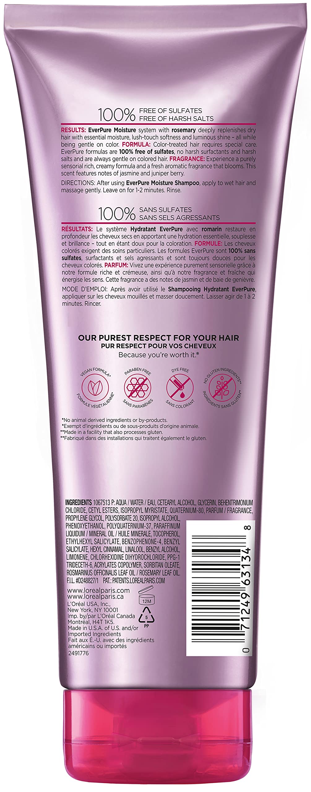 L'Oreal Paris Moisture Sulfate Free Shampoo and Conditioner Set, Hair Care for Color-Treated Hair with Rosemary Botanicals, EverPure, 1 Kit Halalzen