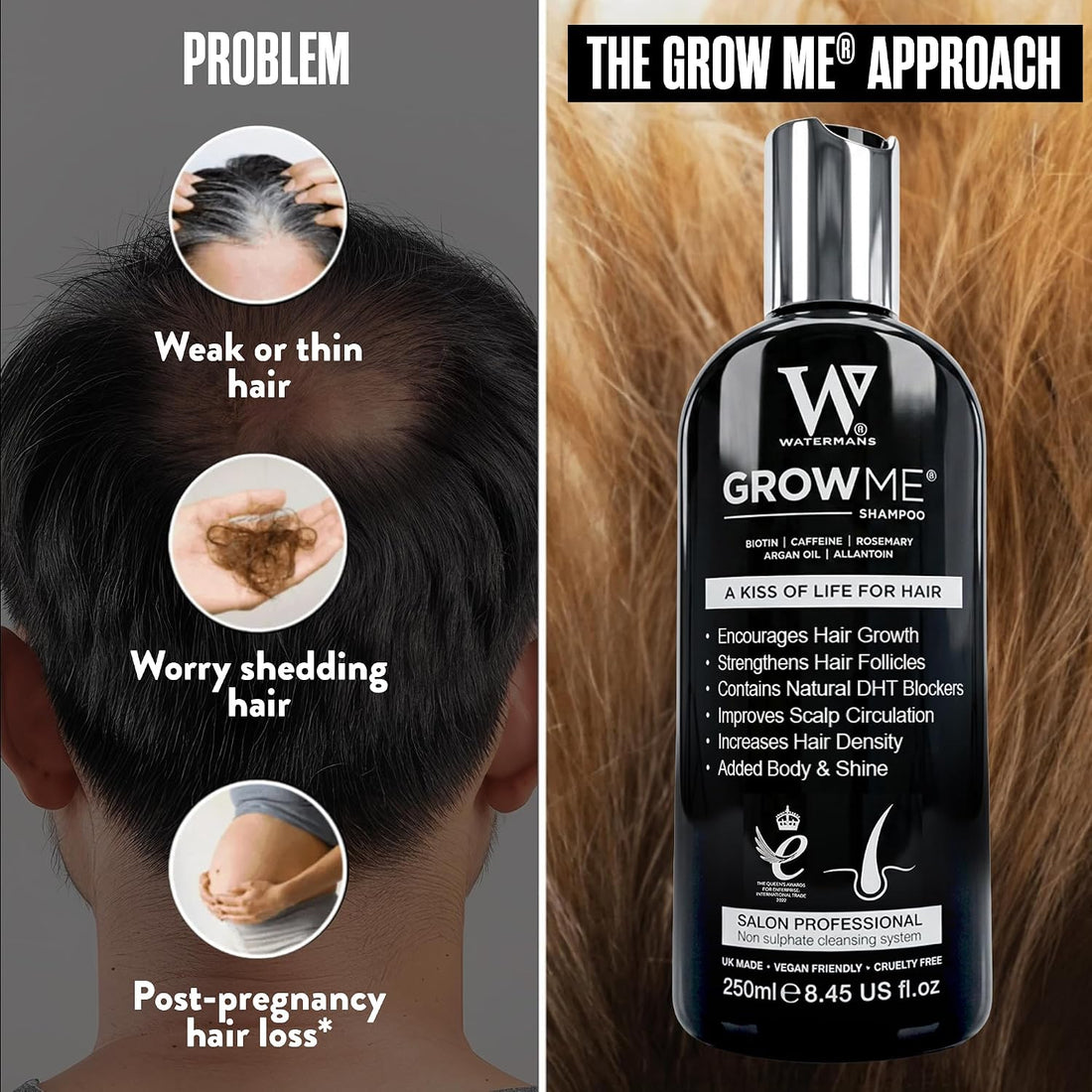 Watermans Grow Me® Hair Growth Shampoo - Not just a Caffeine Shampoo we include Biotin, Argan Oil, Rosemary, Niacinamide. Hair Thickening Treatment for Women & Men with progressed thinning.