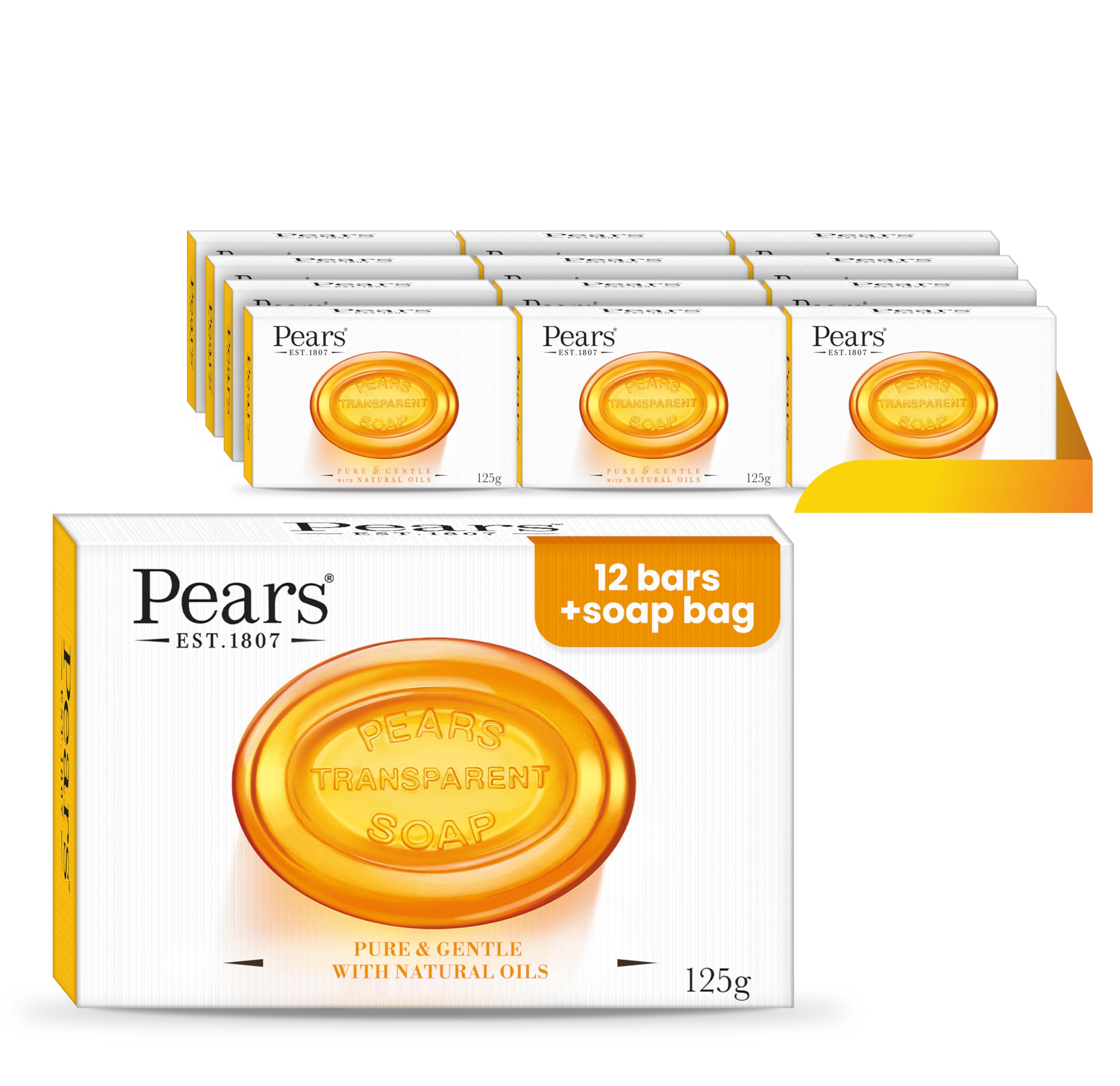 Pears Pure & Gentle Transparent Natural Soap Bar - Made with Mint Extracts, Nourishing and Refreshing Bathing Cleanser, Gentle & Soothing Skin Care, Pure Transparency, Pack of 12 x 125g Halalzen