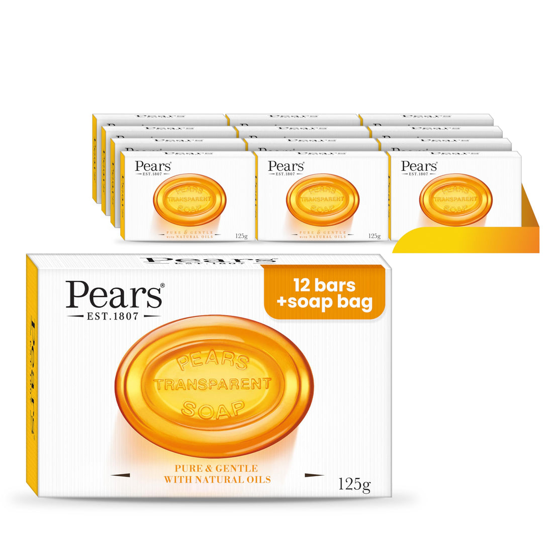 Pears Pure & Gentle Transparent Natural Soap Bar - Made with Mint Extracts, Nourishing and Refreshing Bathing Cleanser, Gentle & Soothing Skin Care, Pure Transparency, Pack of 12 x 125g Halalzen