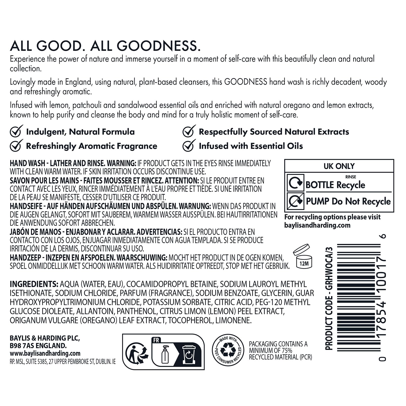 Baylis & Harding Goodness Oud, Cedar and Amber Body Wash, 500 ml (Pack of 3) - Vegan Friendly