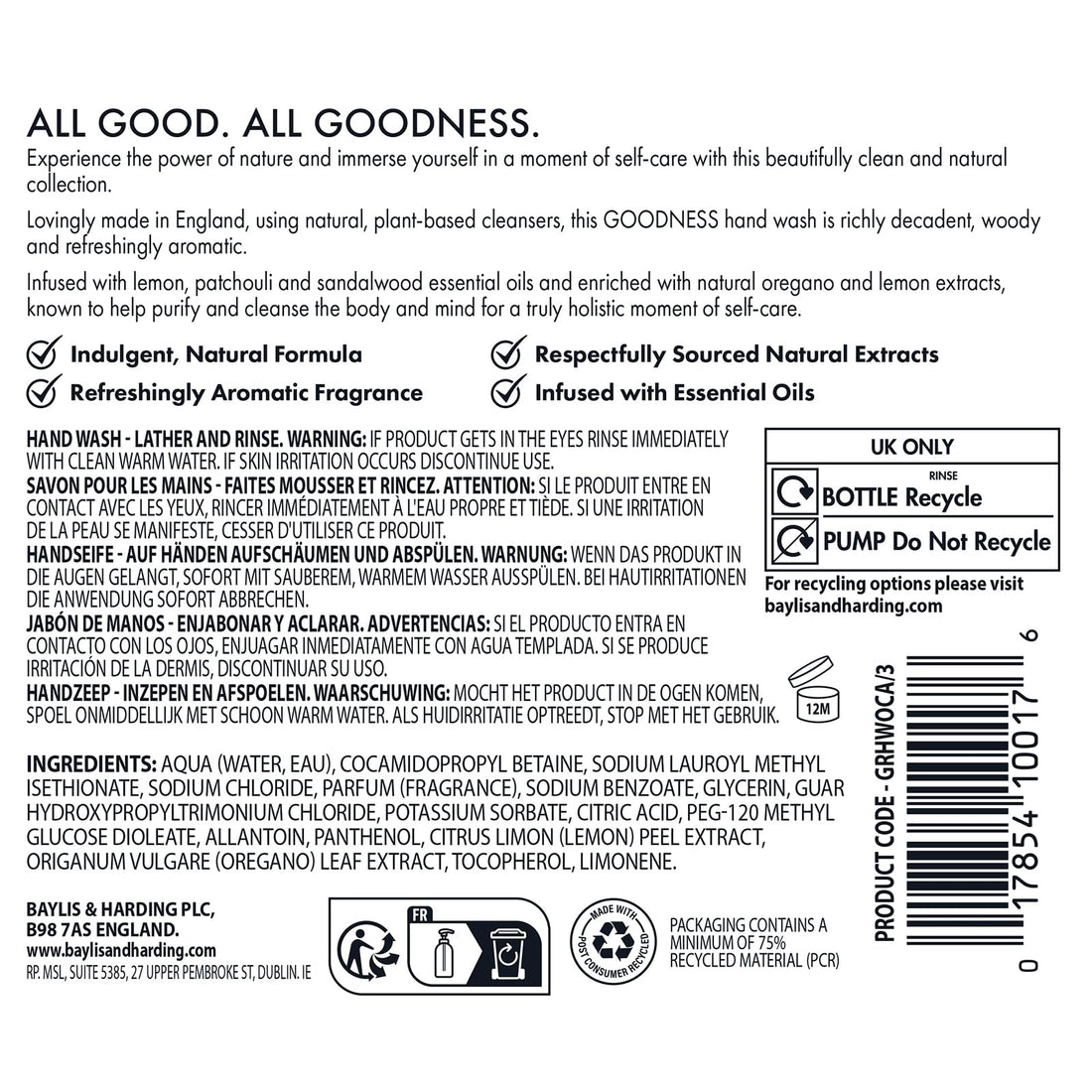 Baylis & Harding Goodness Oud, Cedar and Amber Body Wash, 500 ml (Pack of 3) - Vegan Friendly